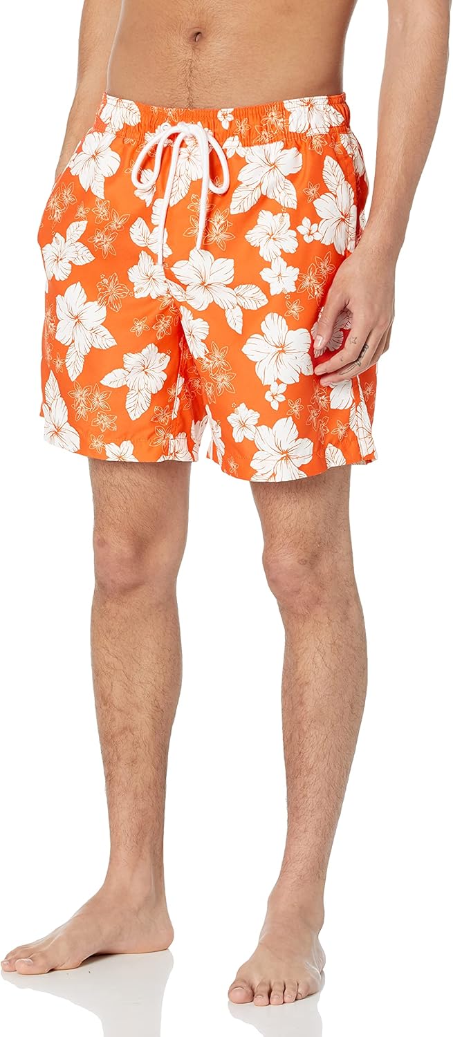 Amazon Essentials Men's 7" Quick-Dry Swim Trunk X-Large Orange, Hibiscus Flower