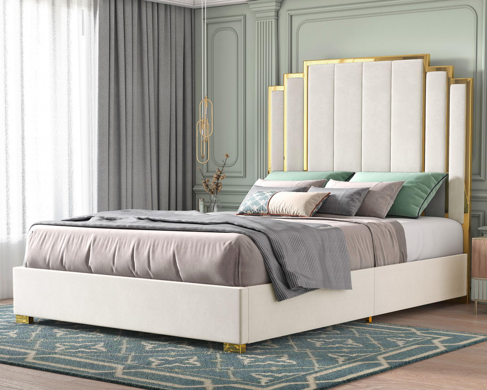 HOWE Queen Size Bed Frame and 61" Headboard, Upholstered Bed with Golden Plating Trim, Modern Platform Bed No Box Spring Needed, Cream