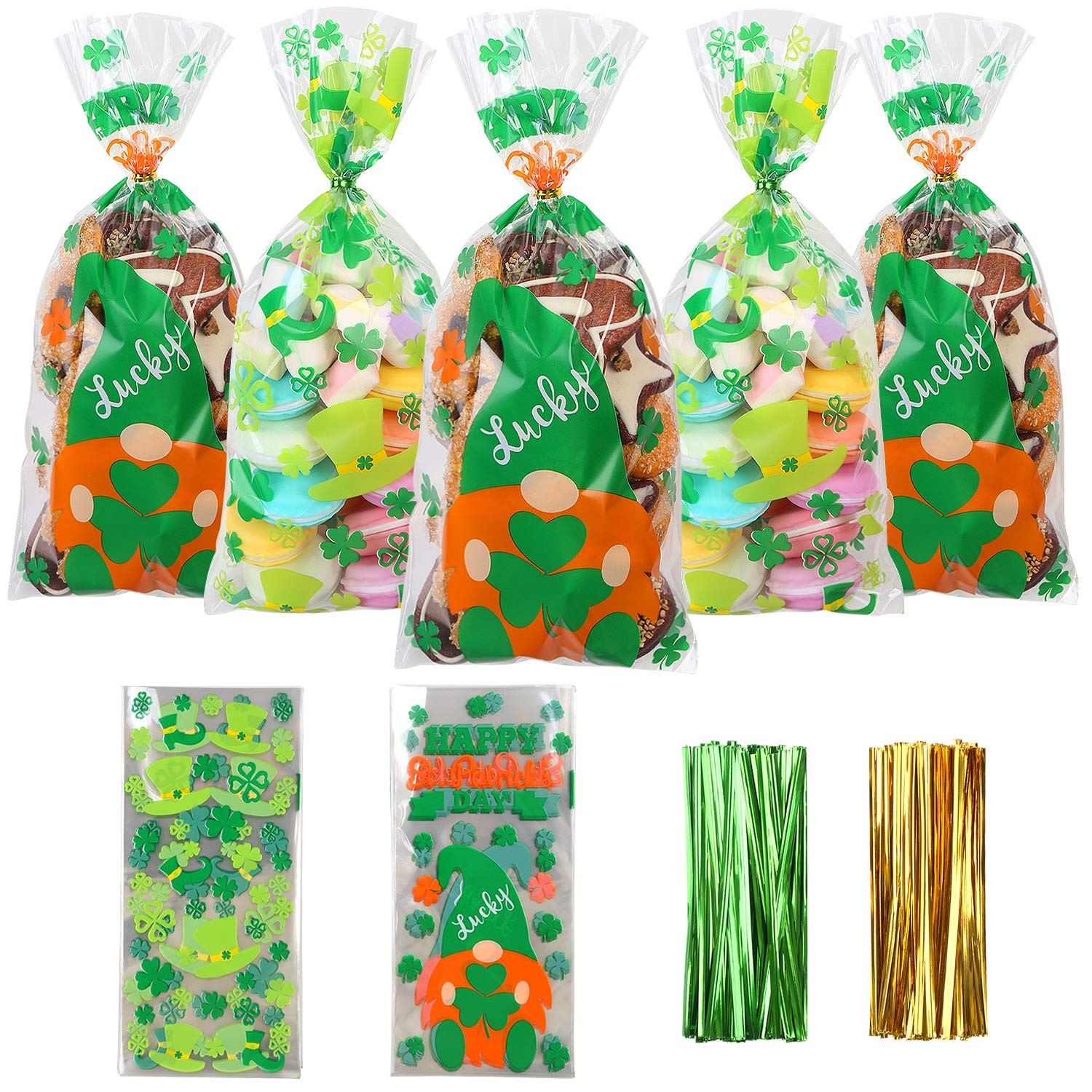 DIYASY St. Patrick's Day Cellophane Candy Bags,160 Pcs Shamrock Treat Goodie Bags Green Clear Plastic Goody Bag with 200 Twist Ties for Irish Day Party Favor