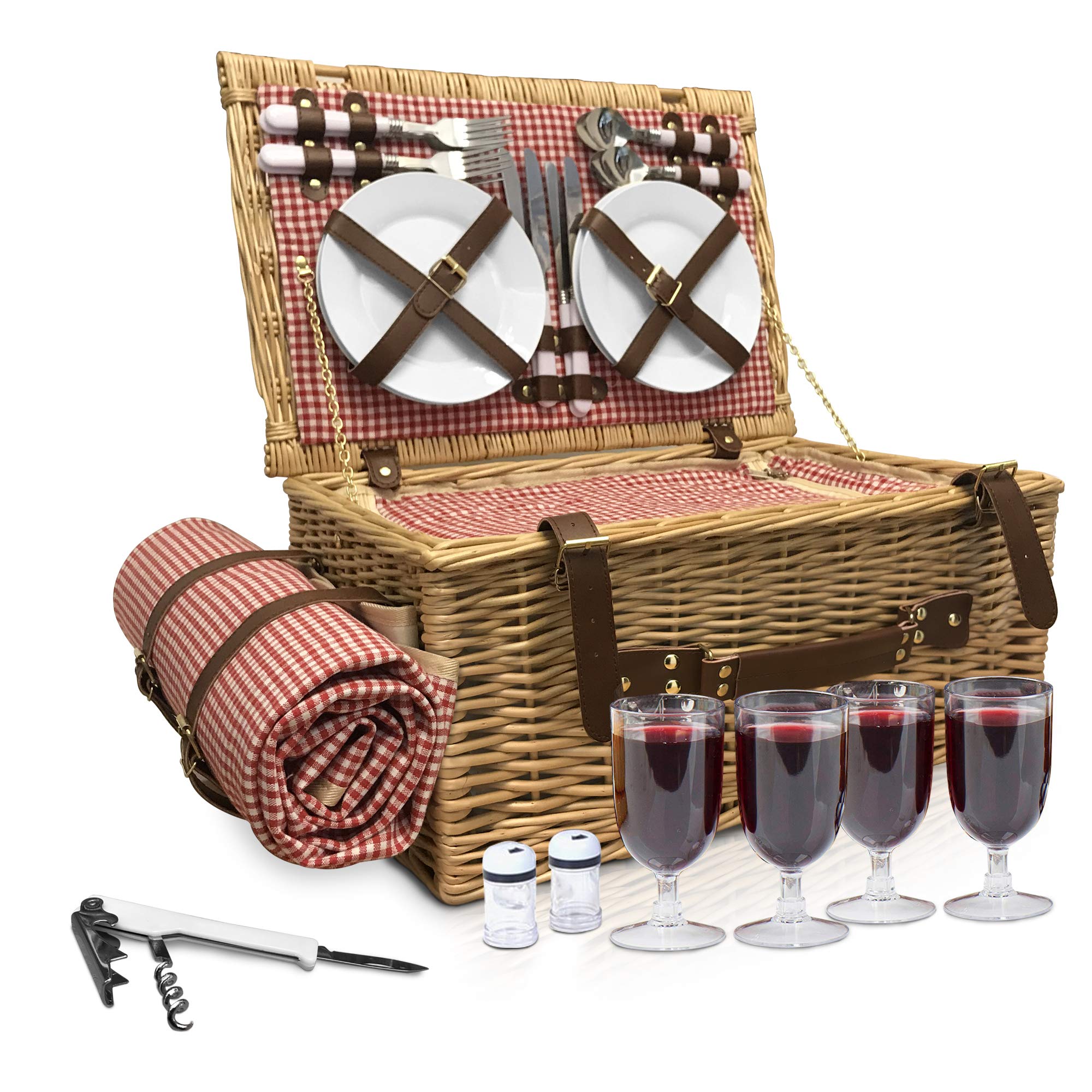A'BA Picnic Basket Set – for 4 Persons - Extra Large, Insulated Wicker/Hamper Kit - Perfect w/ Kids Includes Waterproof Blanket, Cutlery, Plates, Salt & Pepper Shaker, Bottle Opener