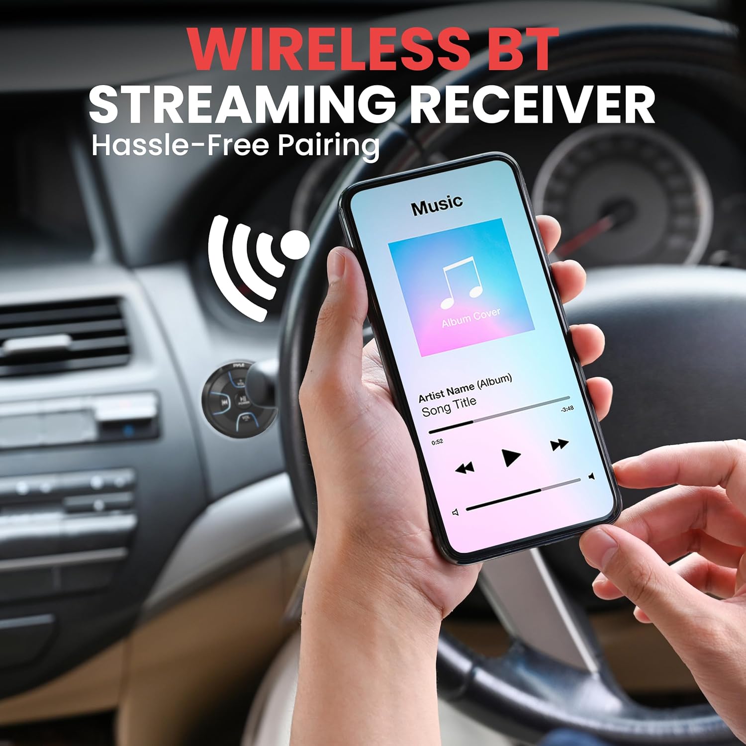 Pyle Amplified Wireless Bluetooth Audio Controller - 300 Watt Bluetooth Media Button, Waterproof Marine Receiver Remote Control W/Aux, Mount for Car Truck Boat Marine Powersport Vehicles - PLMRBT18