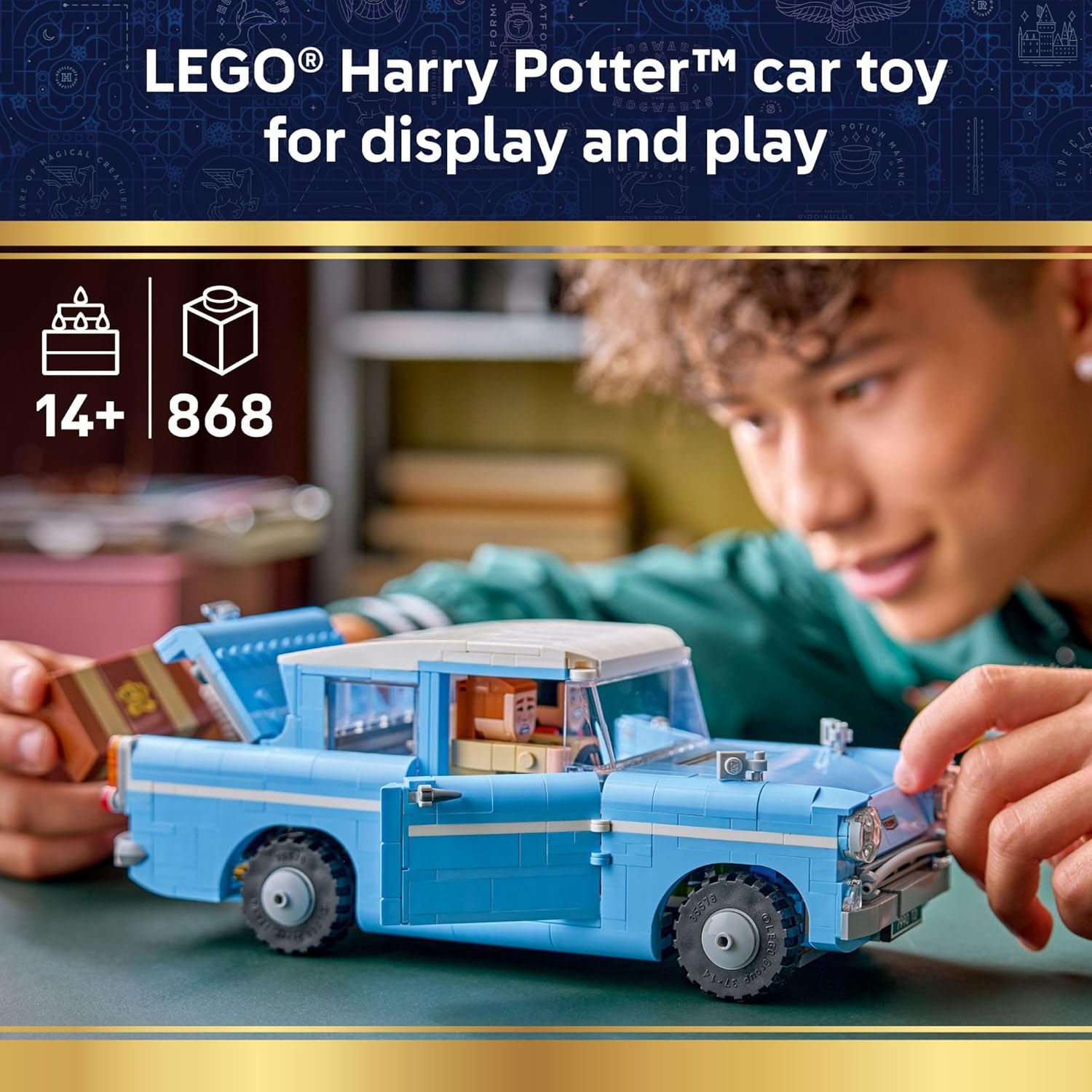 LEGO Harry Potter Enchanted Flying Ford Anglia Car Building Toy for Boys & Girls - Book Shelf & Bedroom Decor for Ages 14+ - W/Harry, Ron, & Hedwig Minifigures - Gift Idea for Birthdays - 76470
