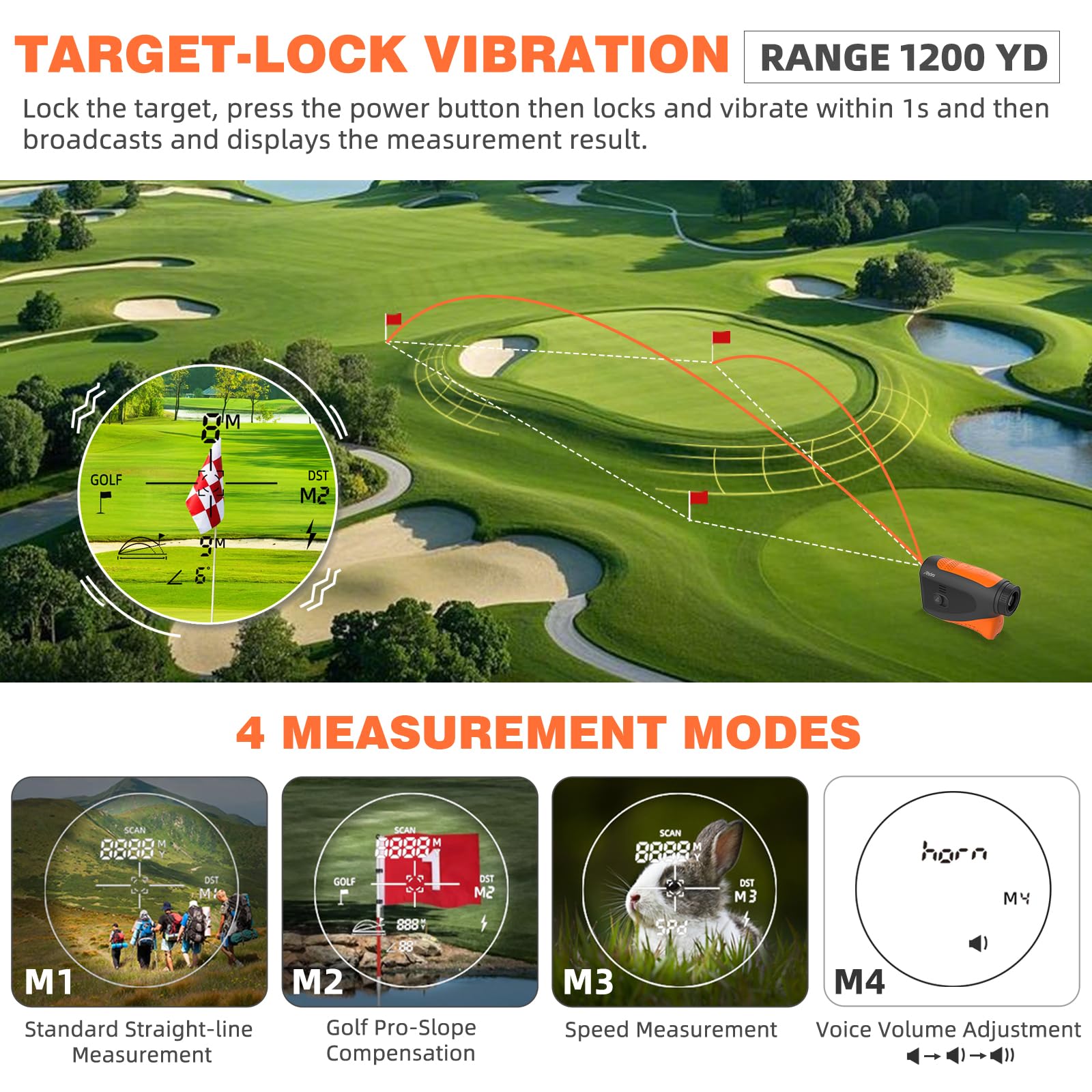 Roykaw Télémètre de golf avec pente, annonce vocale, télémètre laser de 1 200 mètres, vibration de verrouillage de mât, grossissement 7x, vue HD, avec aimant, facile et pratique