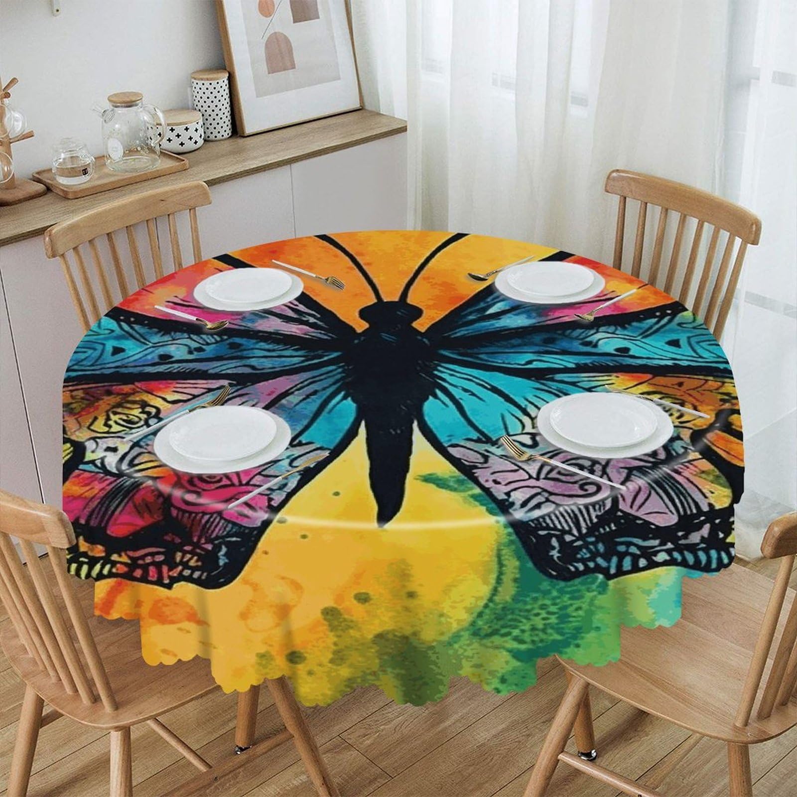 VstaDank 60 Inch Round Butterfly Tie Dye Tablecloth Polyester Waterproof Wrinkle Free Table Cloth Spillproof Washable Table Cover Colorful Tablecover Decor for Home Kitchen Dining Party