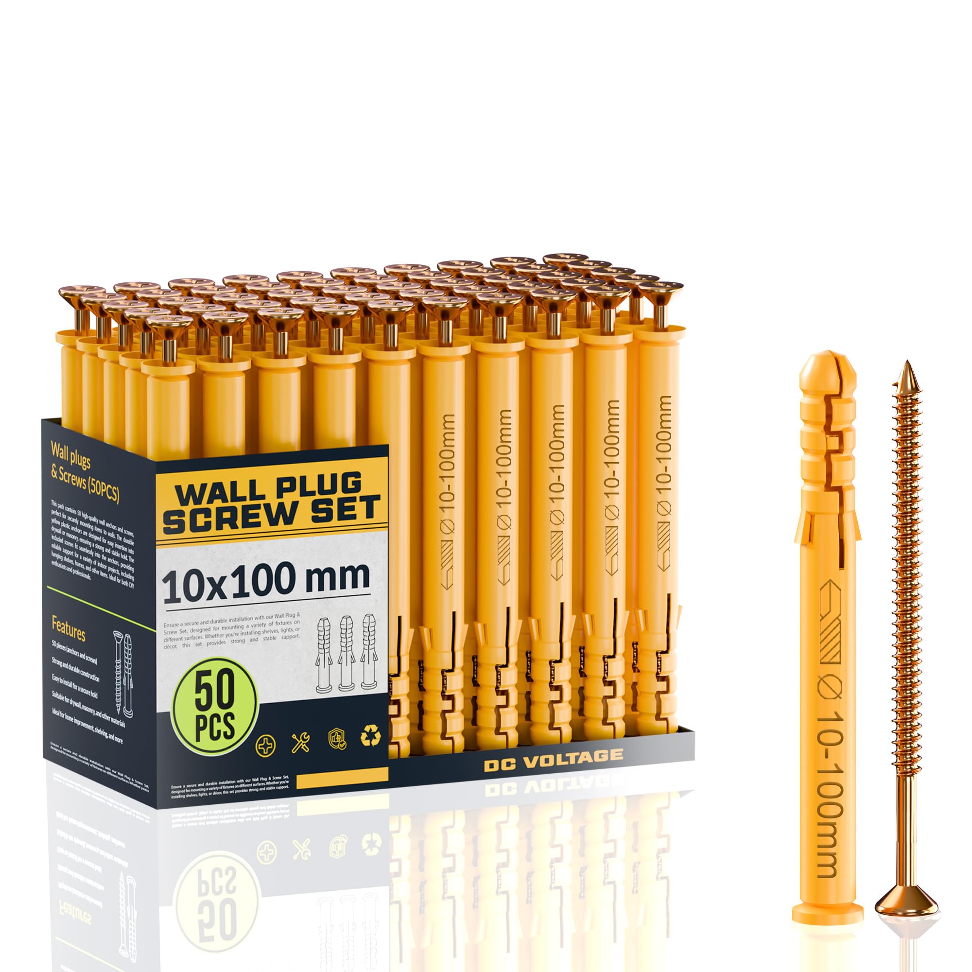 Dc Voltage 10X100mm - 1 Pack 50Pcs Screws And Wall Plugs Set, 50 X Masonry Screws50 X Expansion Anchor Bolts, 10 X 100Mm Wall Plug And Screw, Masonry Screw For Brick Wall & Concrete Fixing