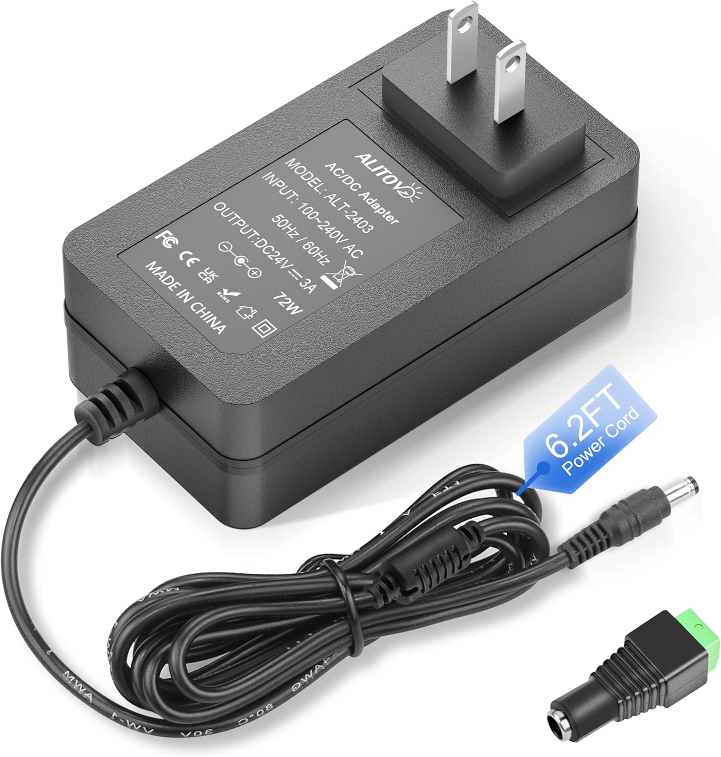 ALITOVE 24V 3A Power Supply 72W AC Adapter Power Cord 100-240V 50-60Hz to DC 24 Volt 3 Amp Transformer 2A 1A Converter 5.5x2.5/2.1mm DC Barrel for LED Strip Module Light, CCTV Camera System, 6.2FT