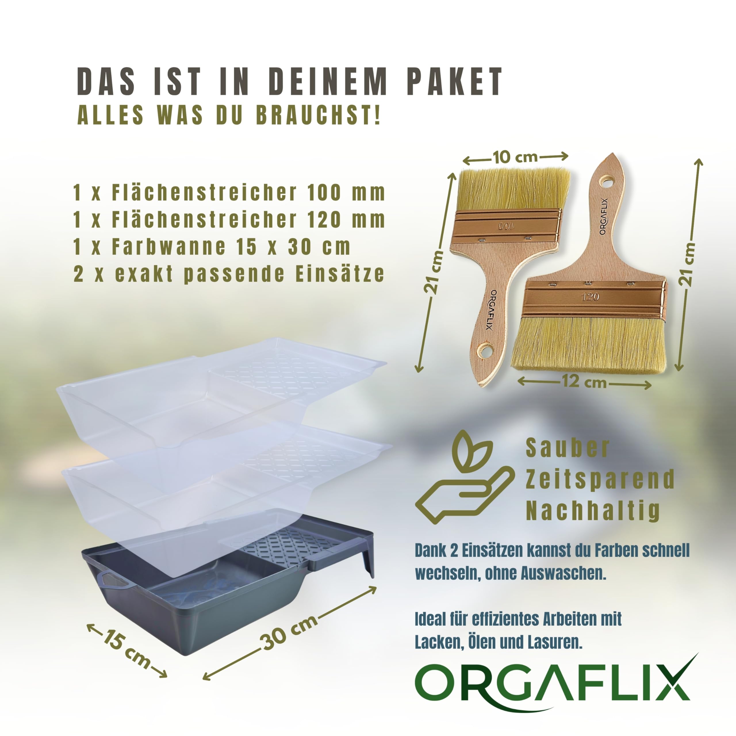 ORGAFLIX Kit de peinture 120 mm + 100 mm avec bac à peinture 15 x 30 cm + 2 inserts pour huile, vernis, lasure, teinture, acrylique, peinture à la craie, meubles, pinceau large, pinceau de peinture