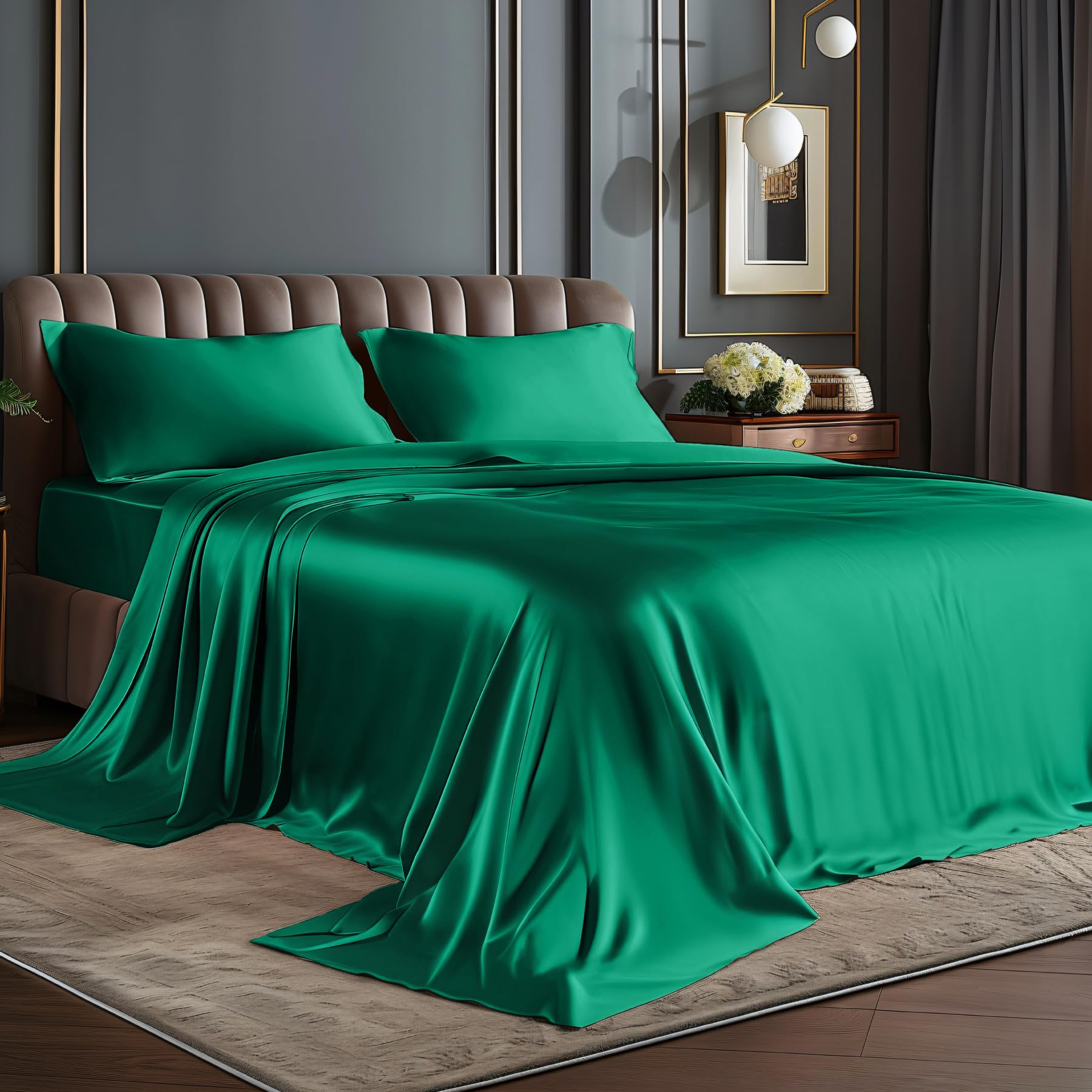 BEDELITE King Size Sheets Set, Luxury Soft Dark Green Satin Sheets for Hair and Skin, Similar to Silk Bed Sheets Set 4 Pieces with 1 Deep Pocket Fitted Sheet, 1 Flat Sheet, and 2 Pillowcases