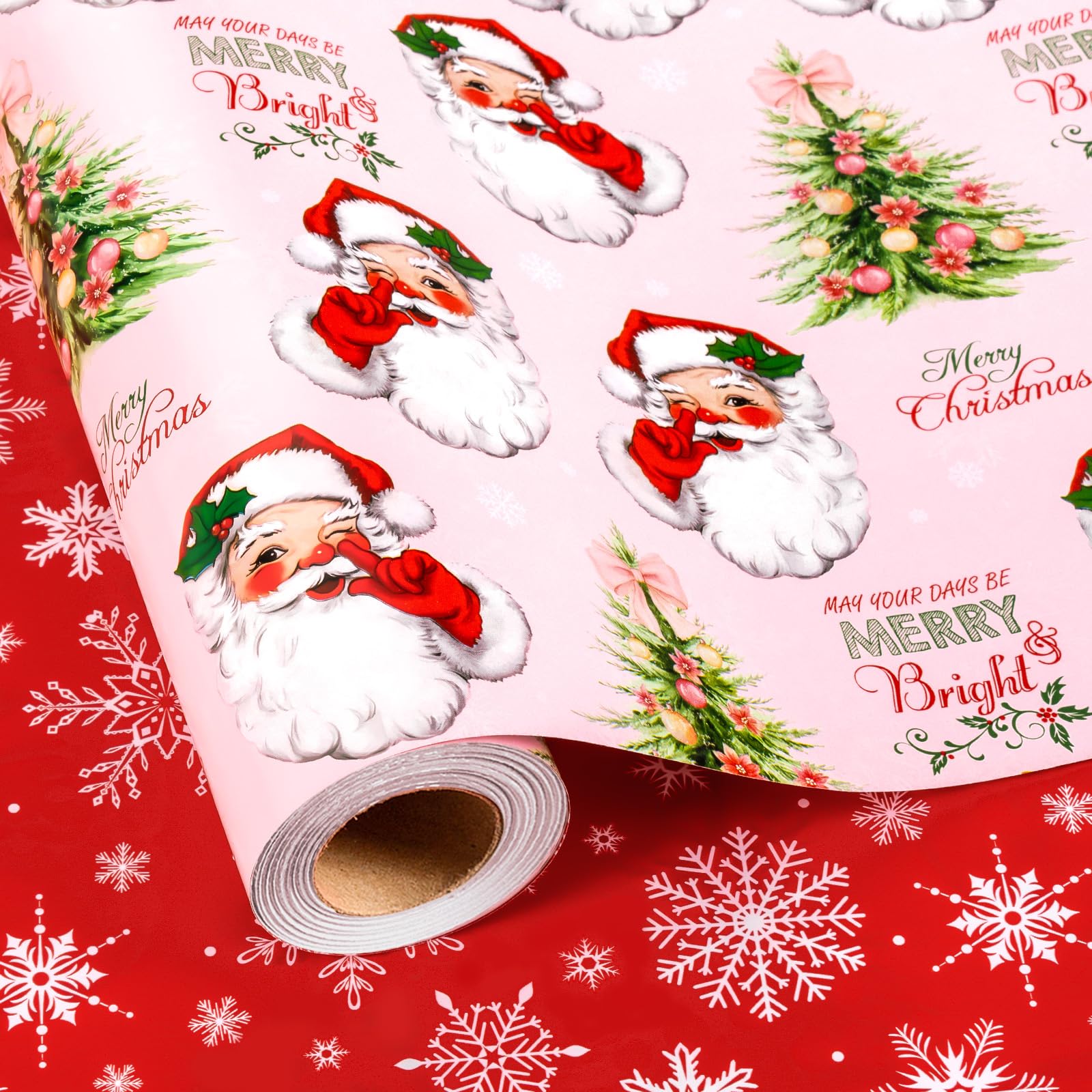 Homeral Pink Christmas Wrapping Paper Roll - 43cm x 10m - Santa Claus Peace Sign and Trees Reversible Gift Wrap Paper for Xmas, New Year Party Celebration