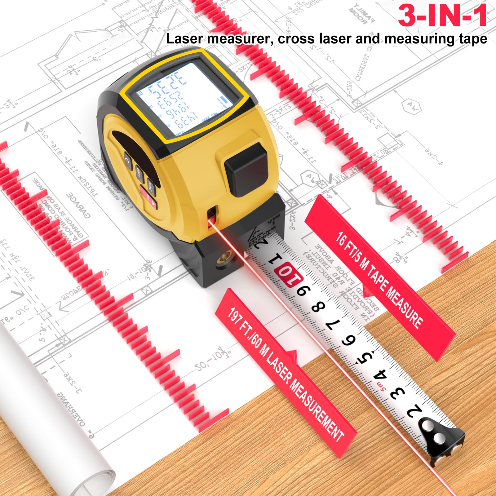 Metro a Nastro Laser, 60m Misuratore Laser e 5m Metro a Nastro, Memoria Per 20 Misurazioni, Unità Ft/In/M, per Misurazione di Distanza, Area e Volume