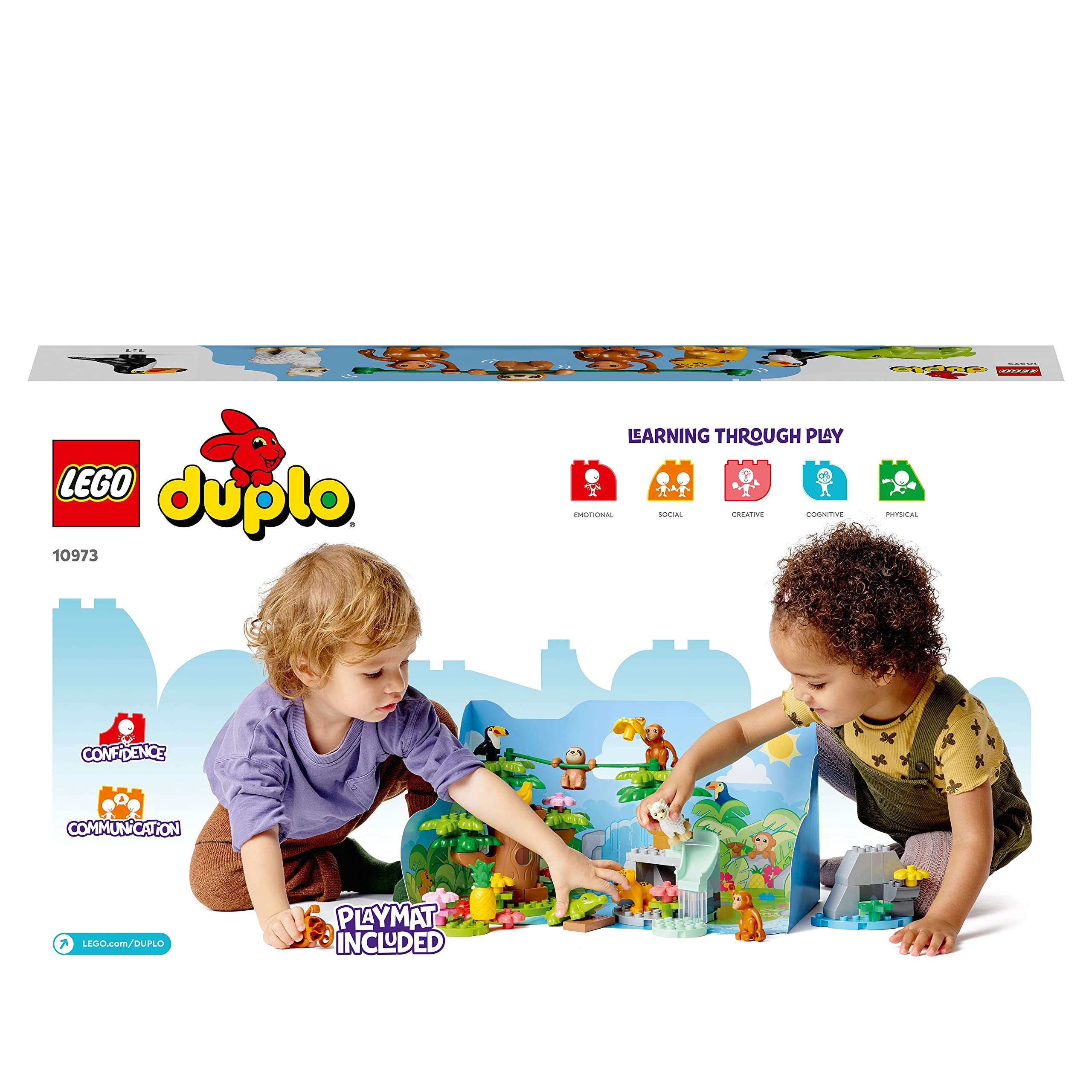 LEGO 10973 Duplo Animaux Sauvages d’Amérique du Sud: Jouet d'Exploration Naturelle pour Enfants Dès 2 Ans, avec Figurines de Crocodile, Singes, Paresseux, Jaguar, Tapis de Jeu Éducatif