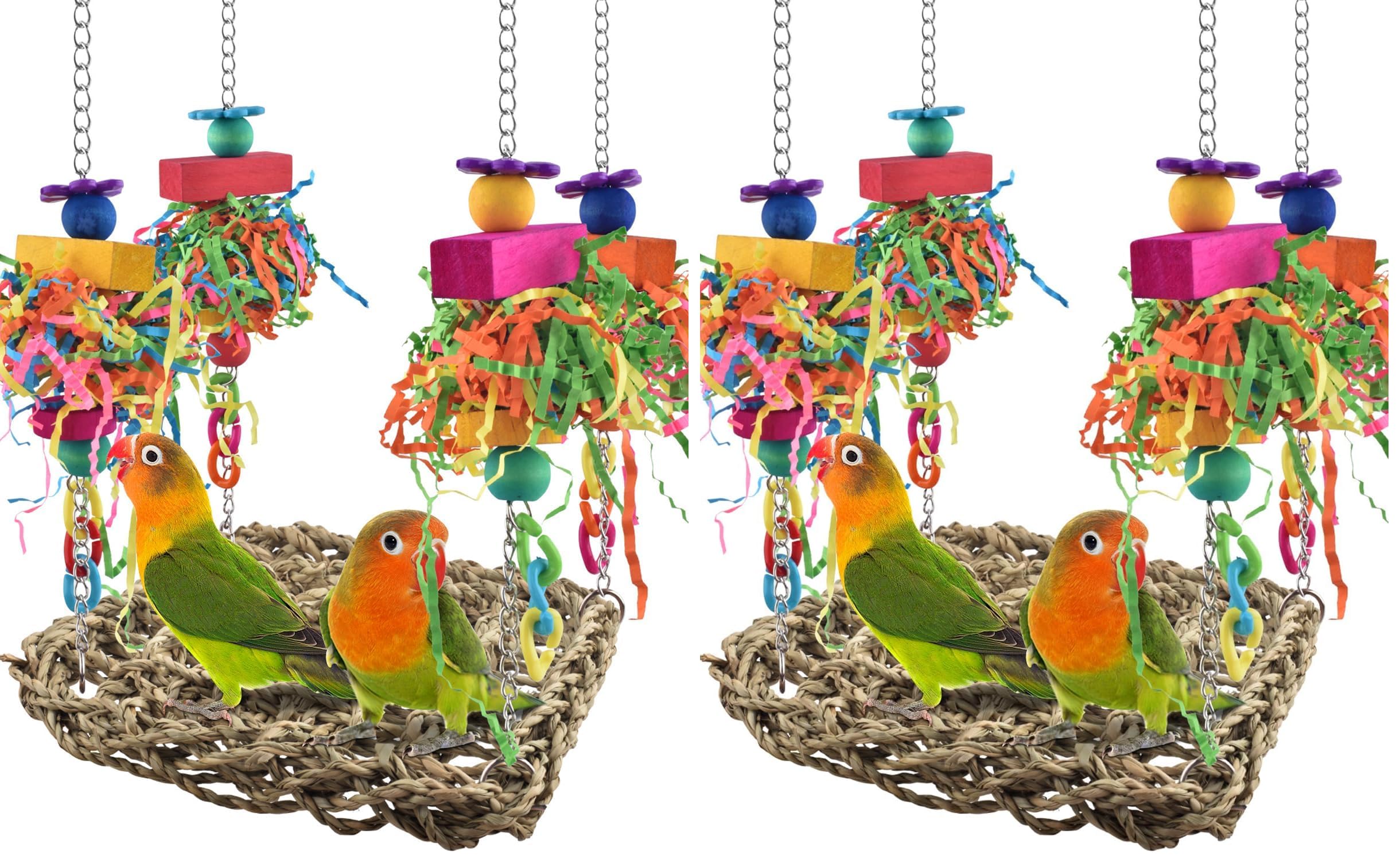 KATUMO Conure Toys, Bird Grass Swing Mat Parrot Climbing Hammock with Colorful Toys for Parakeet, Cockatiel, Sun Conure, Lovebird, Budgie, Small Birds (Pack of 2)