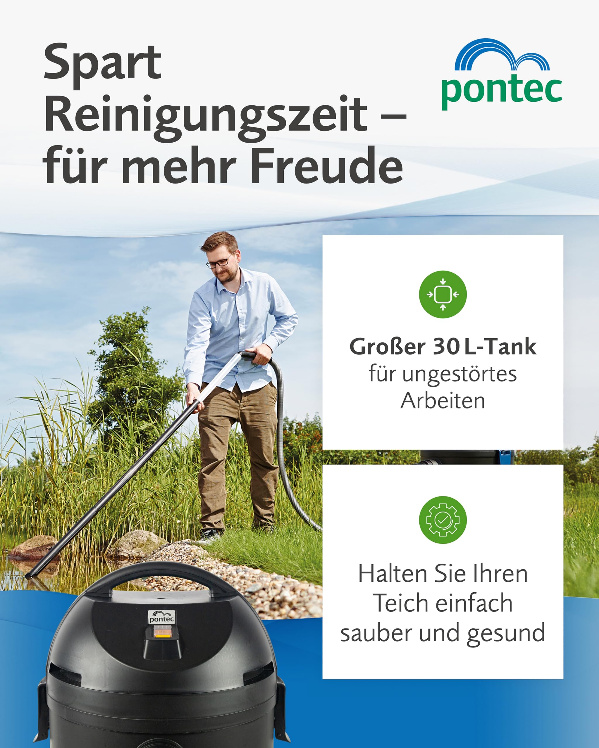 Pontec Pondomatic Teichschlammsauger (1400 W) Teichsauger Schlammsauger Teich für einen Sauberen Teichboden, 30 L Auffangvolumen, Inklusive 3 Düsen und 4 M Kabel, 2 Jahre Garantie, Deutsche Technik