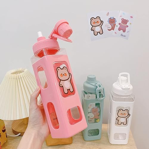 Miniatura 3 de Botella de agua grande Kawaii con popote y adhesivo Kawaii botella de agua grande para mujer (verde, 23.6 onzas)