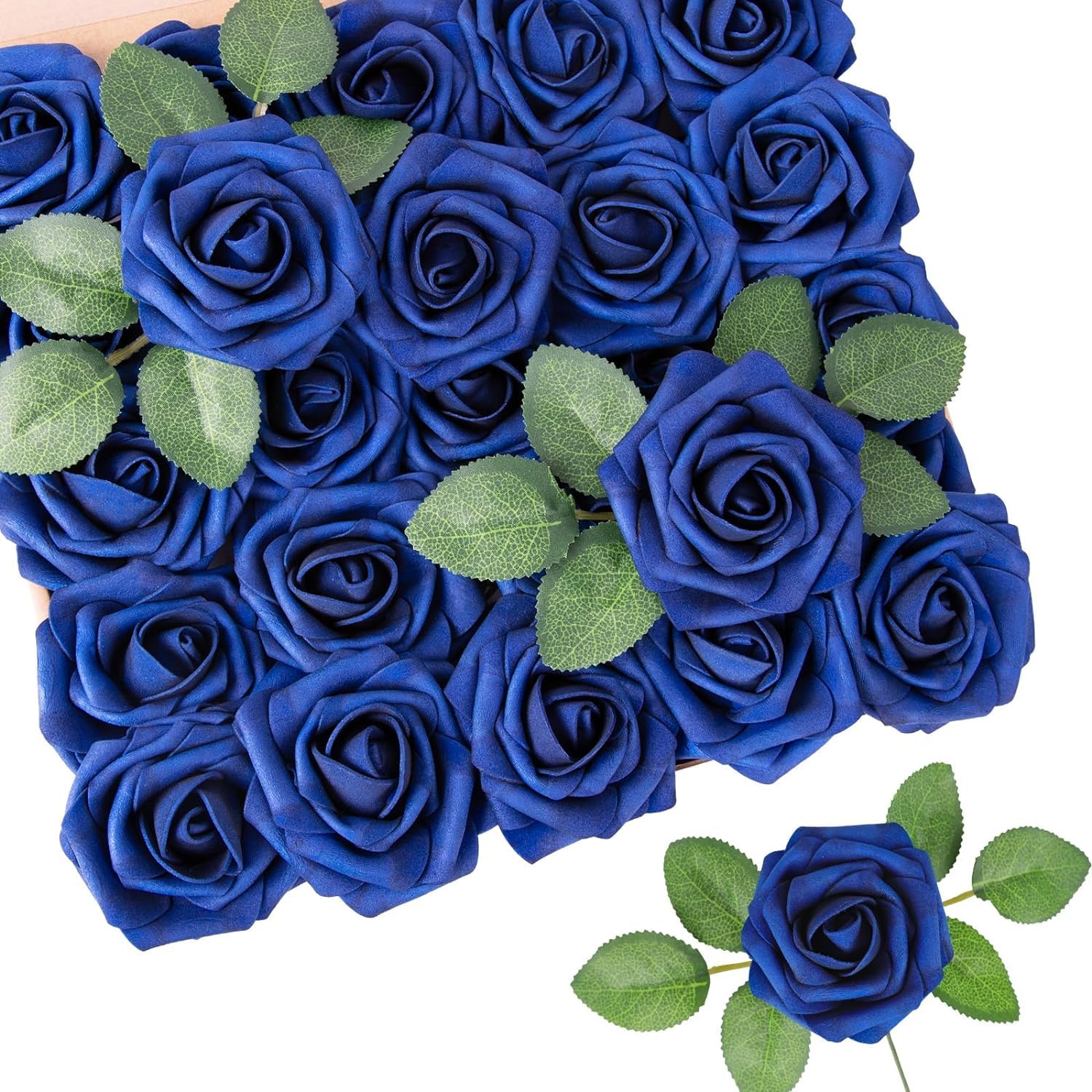 N&T NIETING Artificial Flowers Navy Blue Roses 25Pcs Fake Flowers Foam Roses with Stems for DIY Wedding Bridesmaid Bridal Bouquets Mother's Day Centerpieces Party Home Decoration Baby Shower
