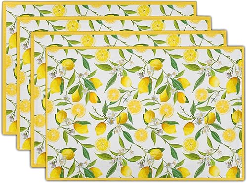 Juego de 4 manteles individuales de limón, color amarillo con frutas y flores, antideslizantes, resistentes al calor, lavables, manteles
