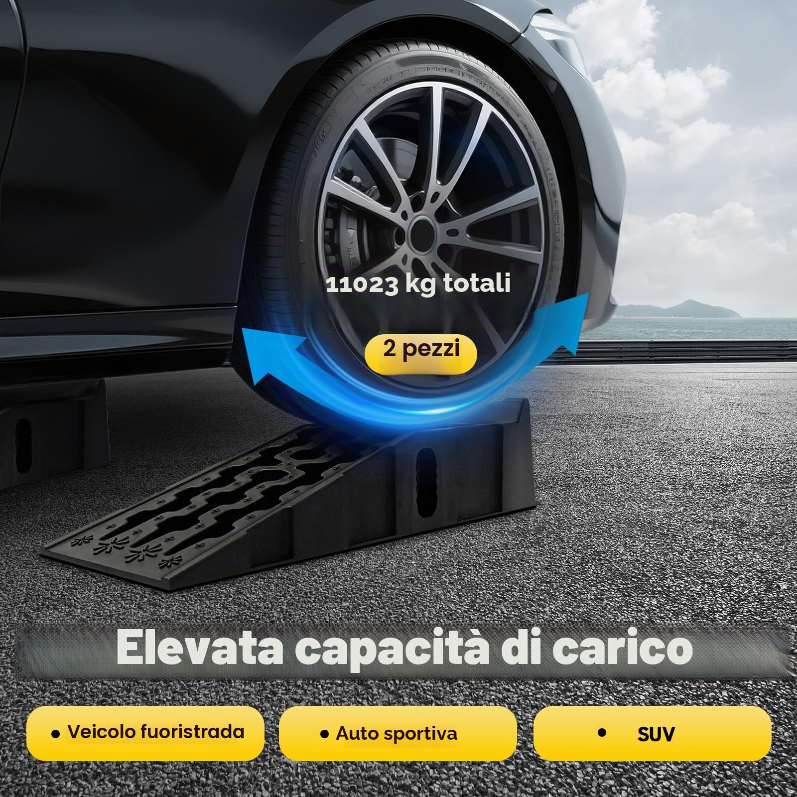 Set di 2 Rampe di Carico Pesanti 7T per Auto, Piattaforma, Rampa in Plastica Antiscivolo, Stabilizzazione per SUV Fino a 7257 kg/Coppia