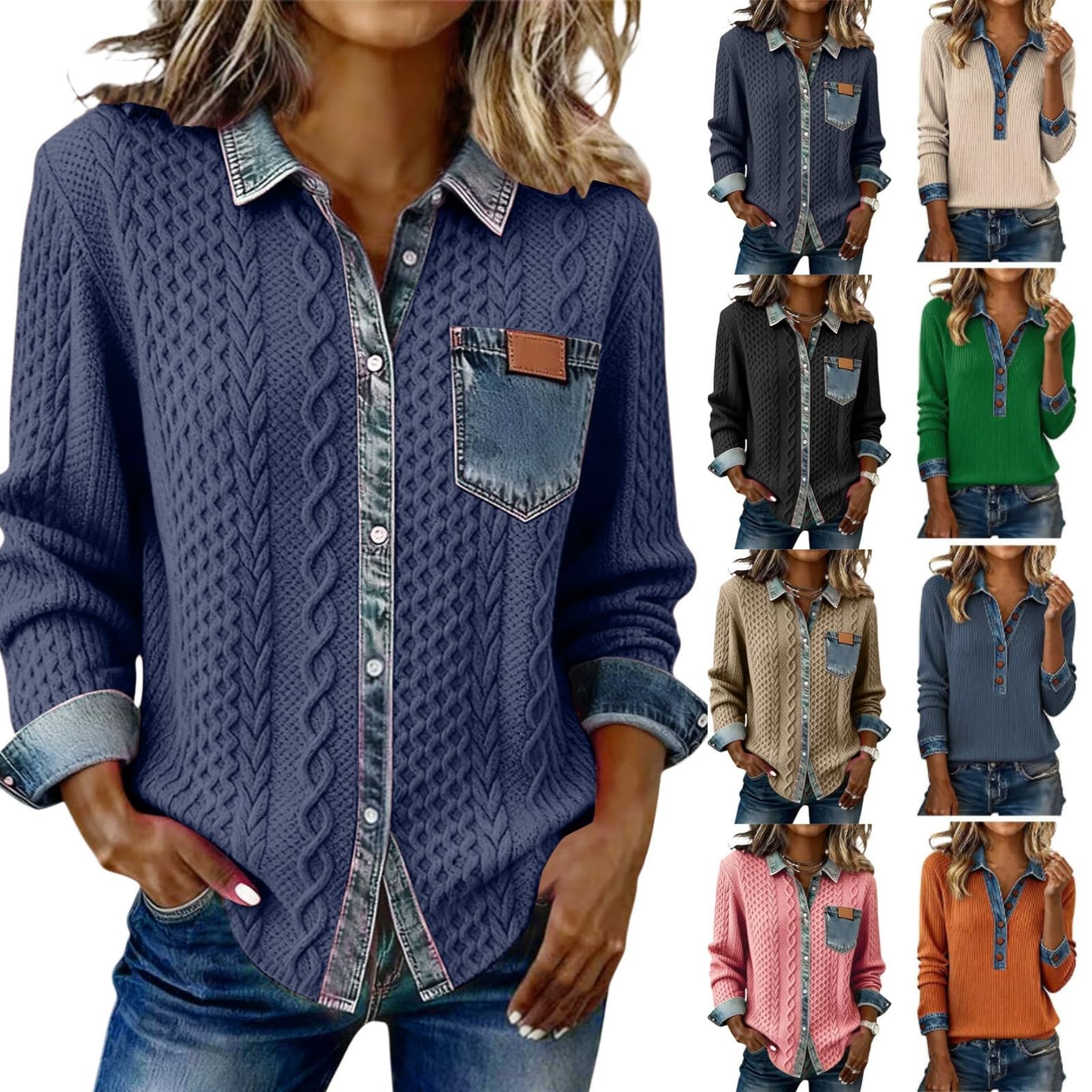 Womens Oversized Denim Sweater Cozy Chunky Collar Patchwork Denim Pullover Shirt Vintage Waffle Knit Jean Sweater
