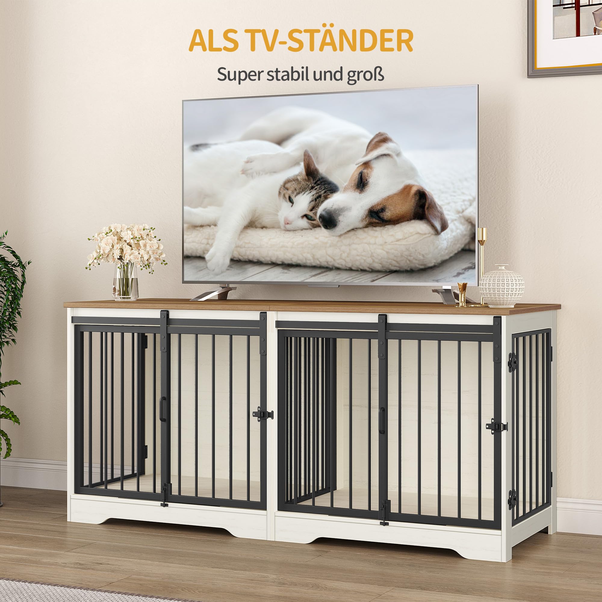 Hzuaneri Hundekäfig Möbel für 2 Hunde, Doppel-Hundekäfig mit Trennwand, Robuste Hundebox aus Holz, Hundekäfige mit Scheunentür, TV-Ständer-Design für Kleine bis Mittelgroße Hunde, Weiß Braun DFC88314B