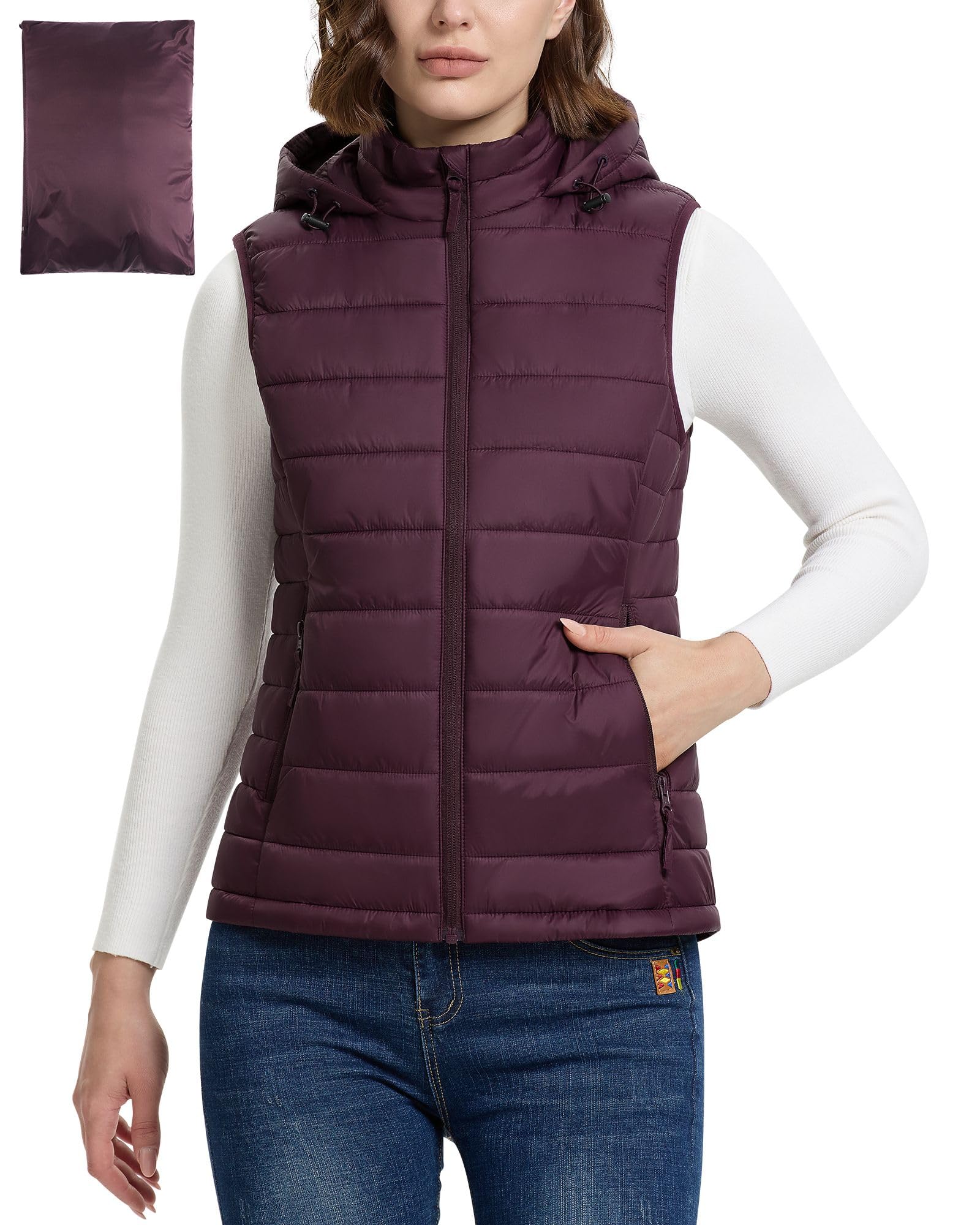 Outdoor Ventures Gilet trapuntato da donna con cappuccio, imbottito, per le mezze stagioni, imbottito, sportivo, da donna, caldo, con colletto alto, per escursioni, campeggio