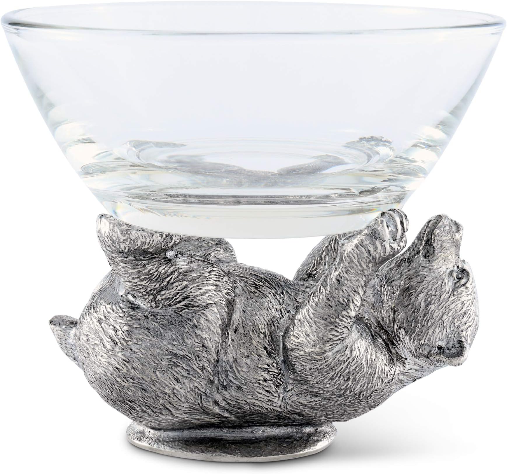 Vagabond House Dip/Nut/Sauce/Condiment Glass Serving Bowl with Solid Pewter Bear Playing Base/Nut Bowl 6 inch Diameter