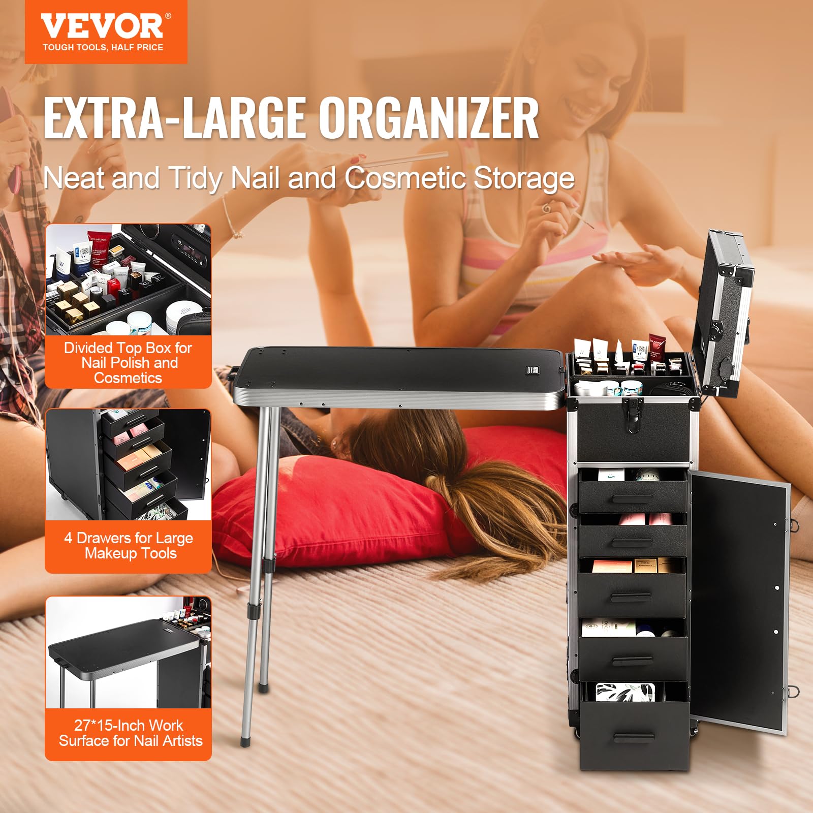 VEVOR Valigetta Portatile Ripiegabile per Trucco Parrucchiere Barbiere Piano di Lavoro Pieghevole Gambe di Supporto, Valigetta per Trucco, Scatola Portautensili Cosmetici Rotelle Girevoli a 360° Nero