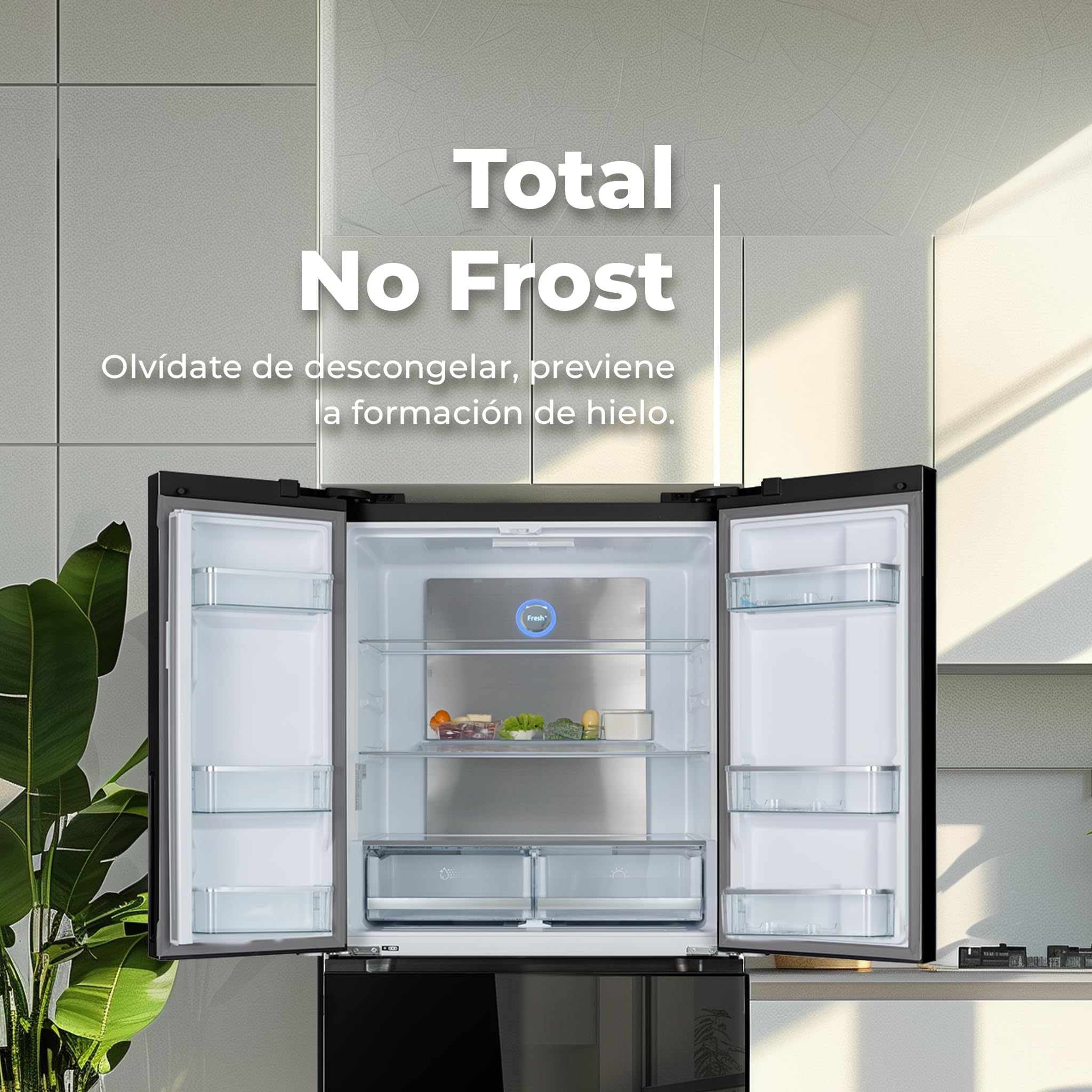 EVVO Frigorífico francés F80B Glass, 327l + 183l, Motor Inverter, Puerta de cristal, Total No Frost, Multi Air Flow, Freon Free, Negro (F80B Glass V2)