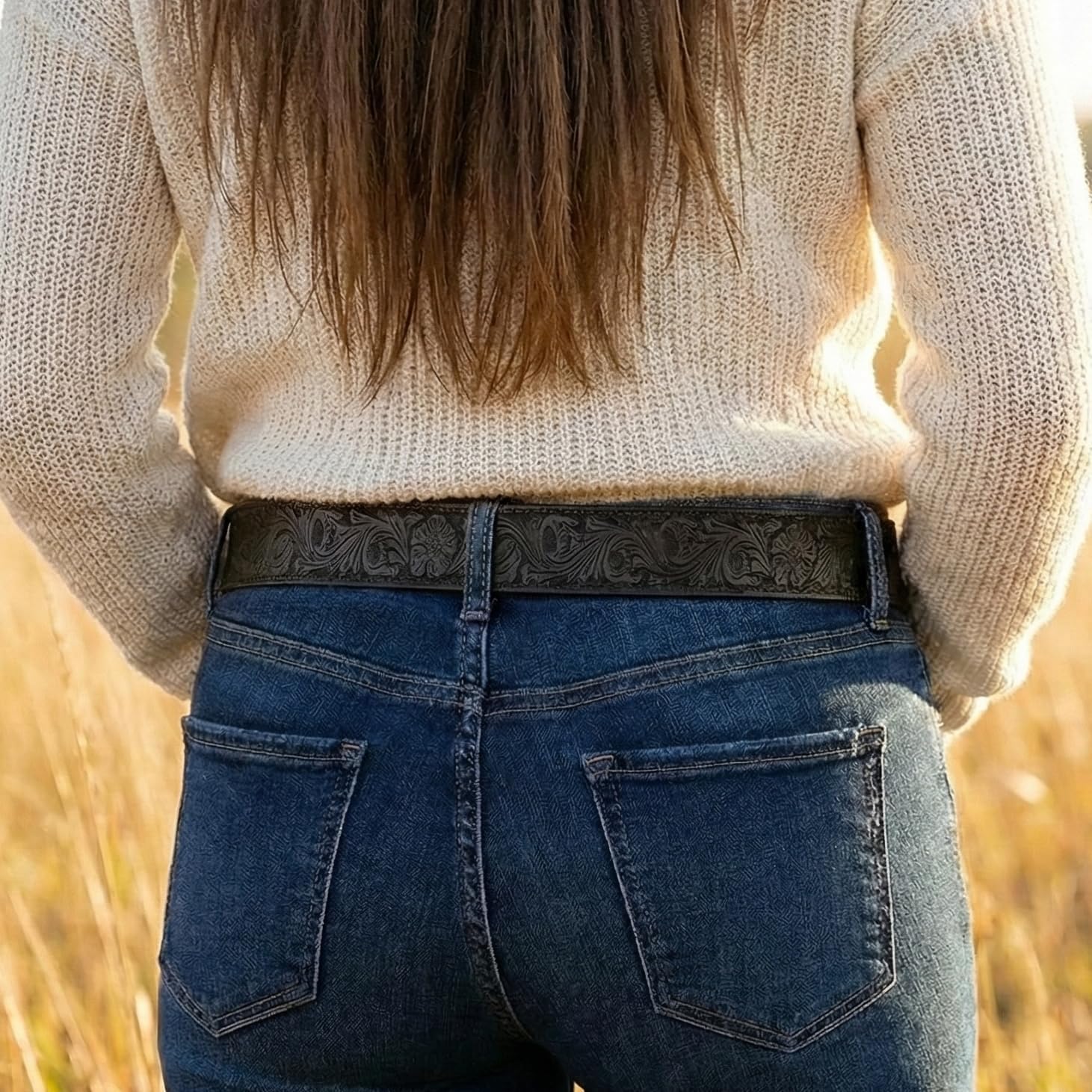 BC Belts Womens Leather Western Belt Strap - 1.5” Wide Embossed Flower Pattern, Snap-On Interchangeable Buckle - Image 2