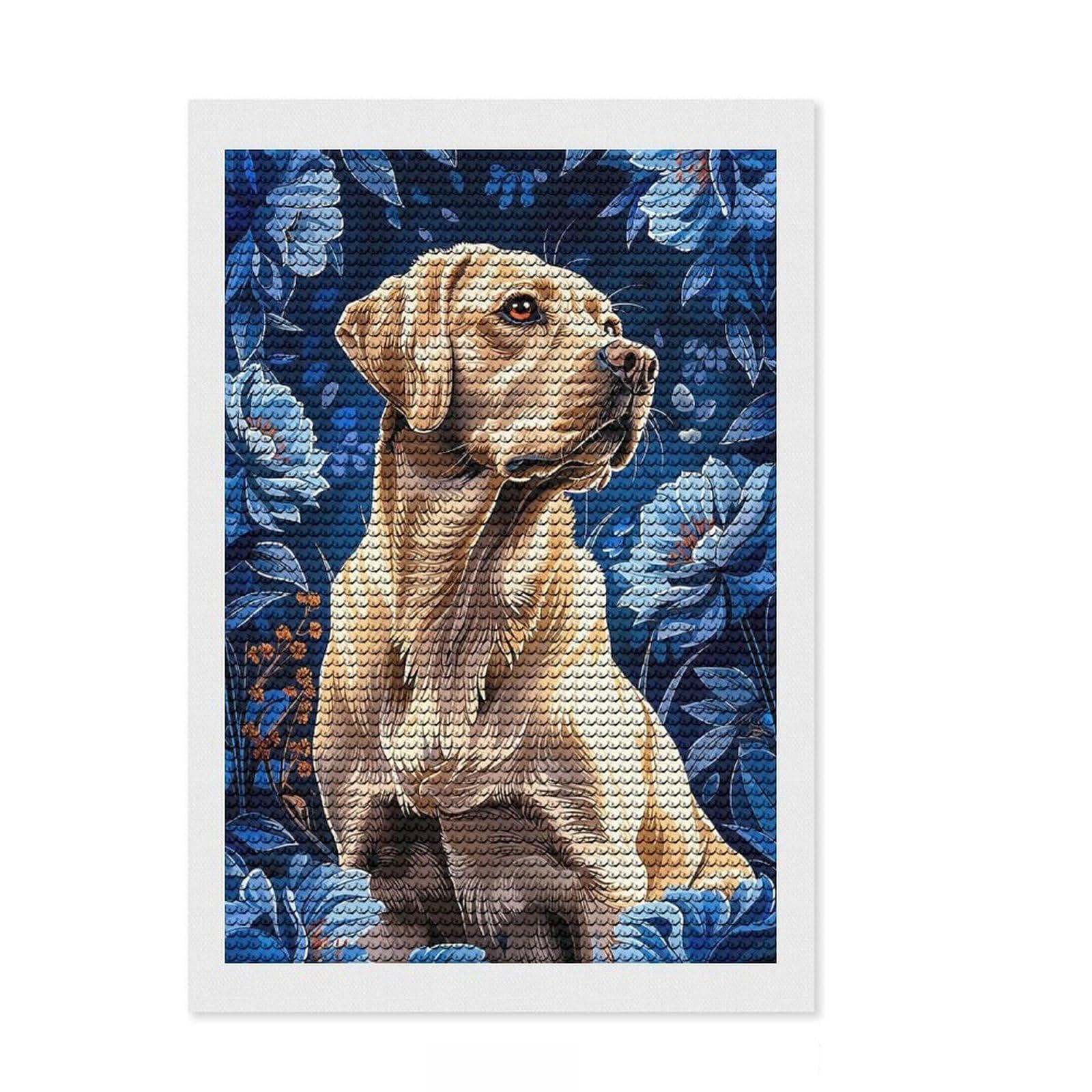 Junmoney Labrador with Blue Floral Background DIY Diamond Art Canvas Kit 8"x12", Easy to Follow Symbols, Finish and Display, Creative Leisure Activity