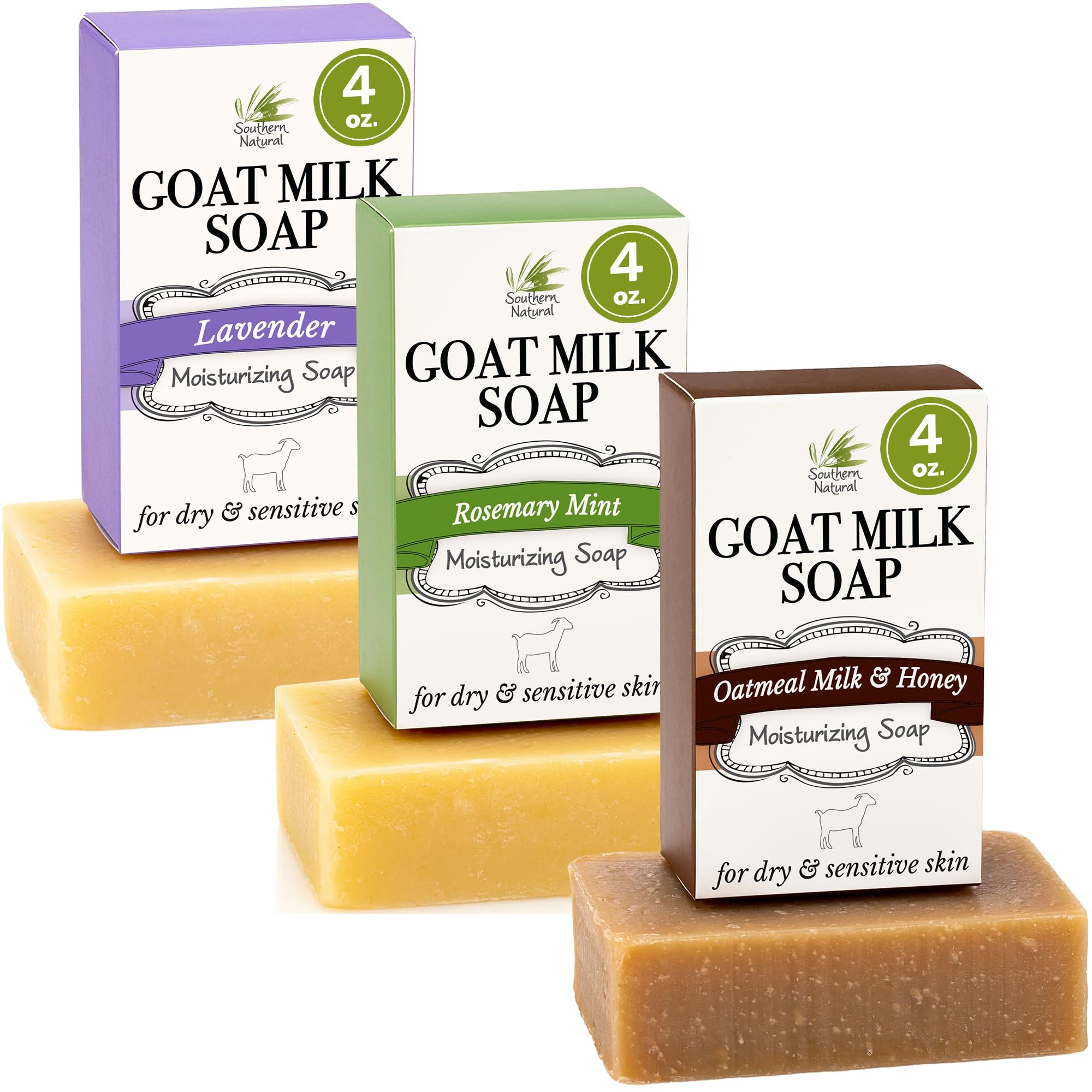 Southern Natural Goat Milk Soap Bar – Lavender, Oatmeal Milk & Honey, Rosemary Mint – Handmade for Dry and Sensitive Skin– Face & Body Wash for Men, Women, Kids, Baby – 3 pack (4-4.5 oz)