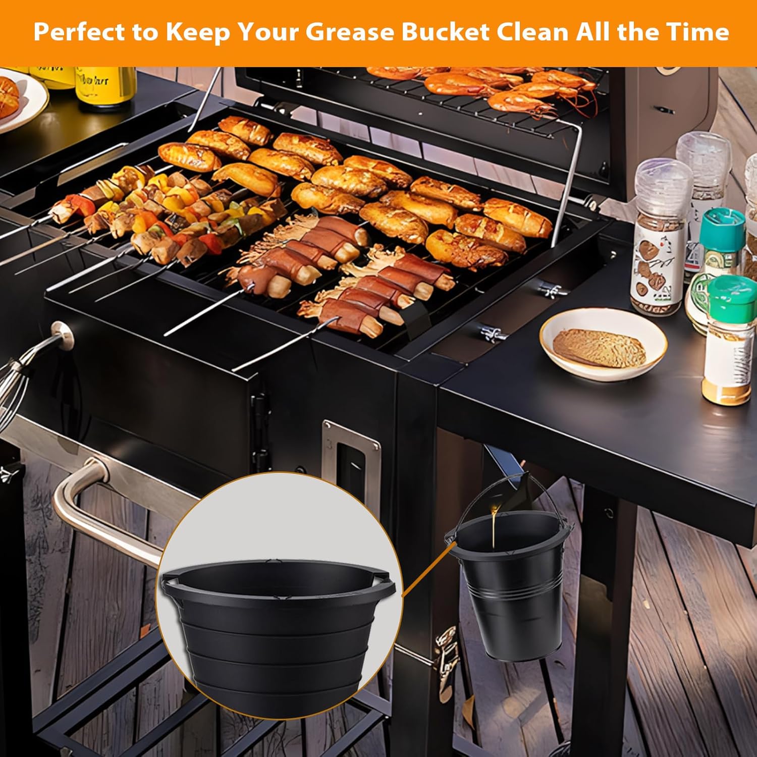 Drip Tray Grease Bucket and 2pcs Reusable siliconel Liners for Oklahoma Joe's, Traeger, Pit-Boss, Z Grill, Camp Chef, Grill Grease Bucket Fits Most Offset Smokers（Black+Black）