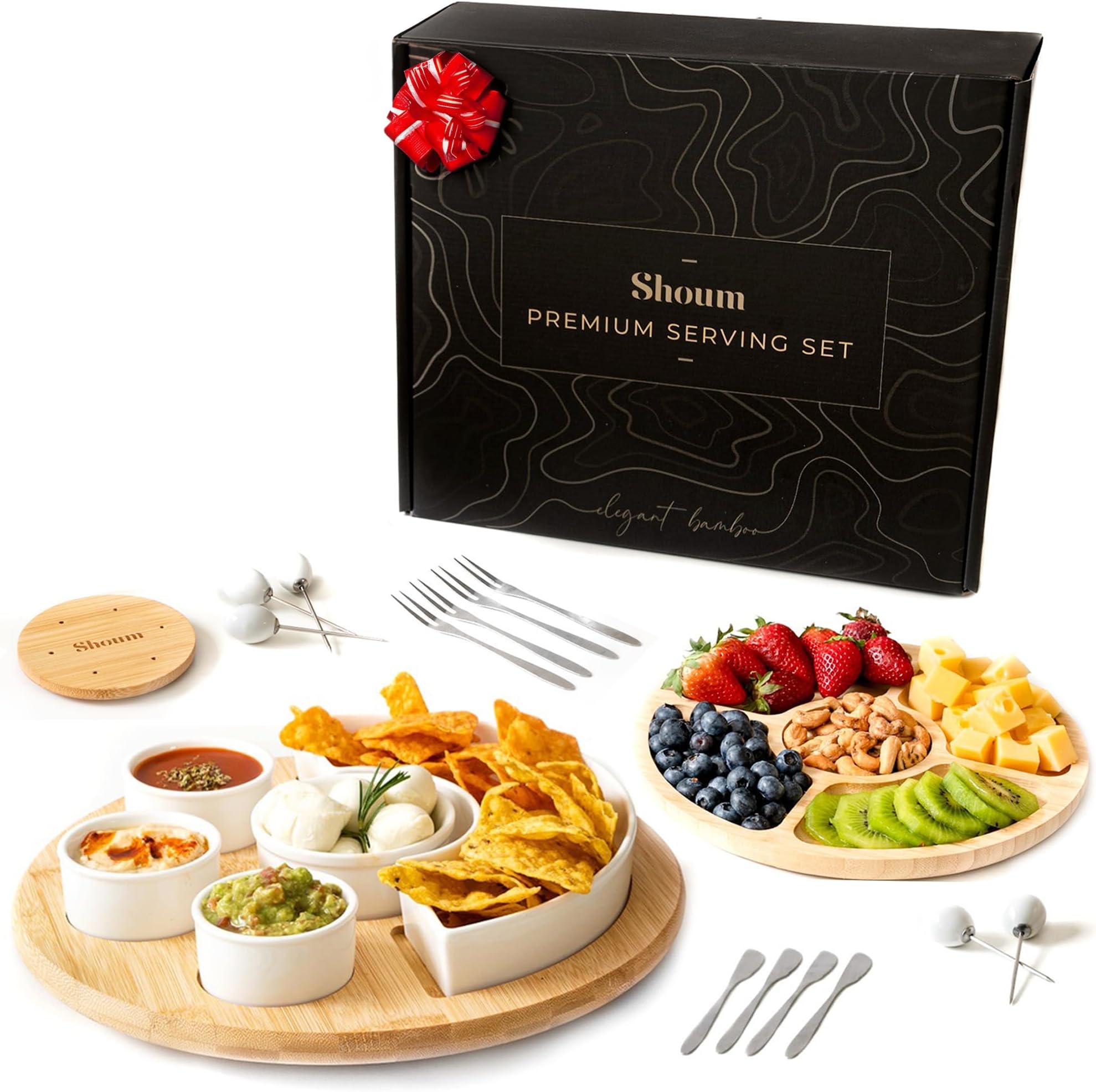 Acacia Wood Serving Tray with 3 Ceramic Bowls & 3 Wooden