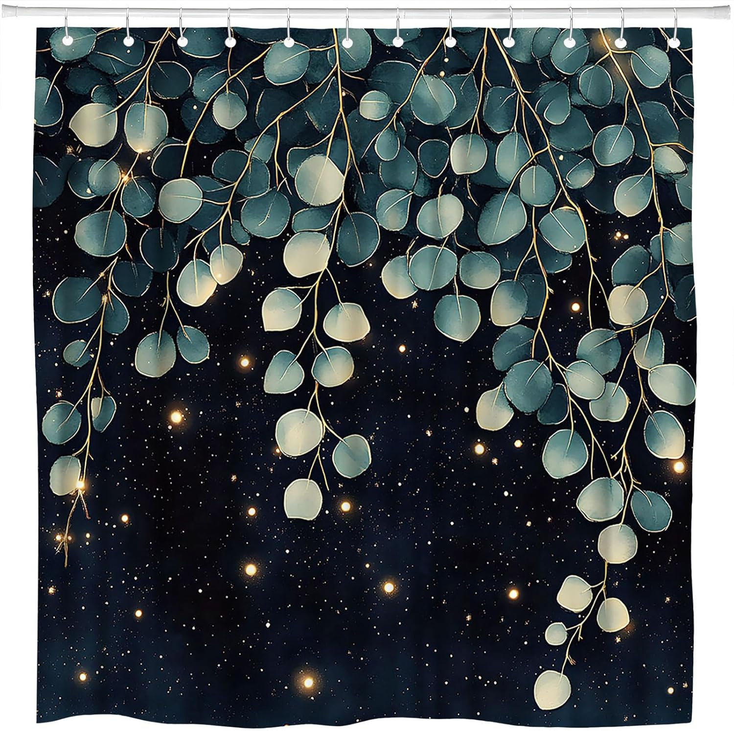 Sage Green Leaf Shower Curtain Botanical Eucalyptus Plants Leaves Watercolor Plant Floral Black Minimalist Modern Bathroom Polyester Curtains Set with Hooks 70x84 Inch
