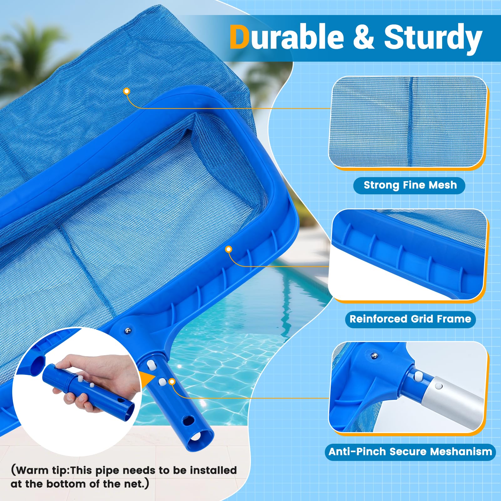 Red de Limpieza de Piscinas, 191cm Servicio Pesado Profundo Recogehojas Piscina Malla Fina Red de Piscina con Poste Telescópico Kit Limpieza Piscina con Cepillo Piscina para Piscina Estanque