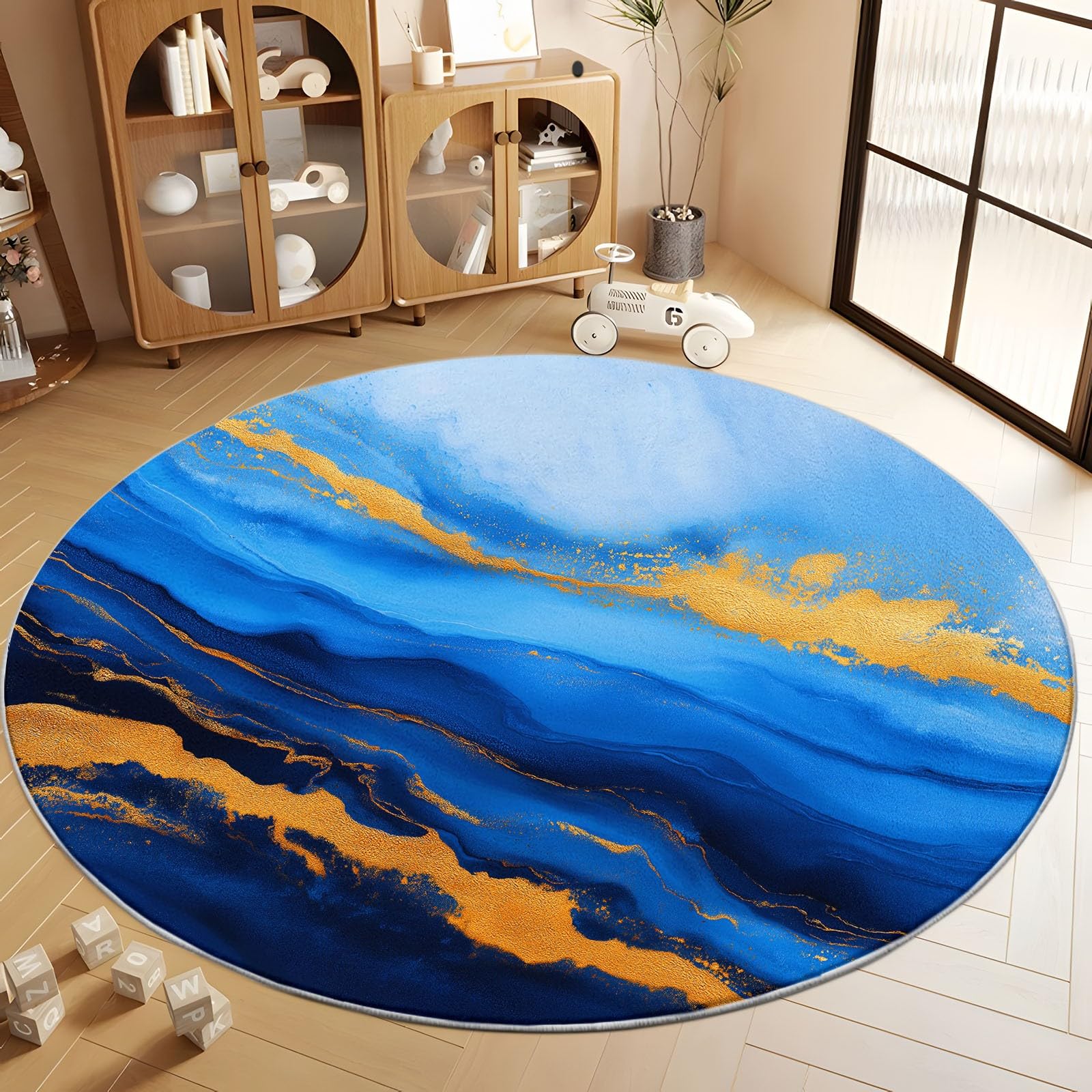 Générique Tapis Rond Salon 180 cm Texture Bleu Or Abstrait, Tapis de Sol décoration marbre Encre antidérapant Coureur - pour Chambre Cuisine Balcon terrasse Salon Salle à Manger intérieur extérieur