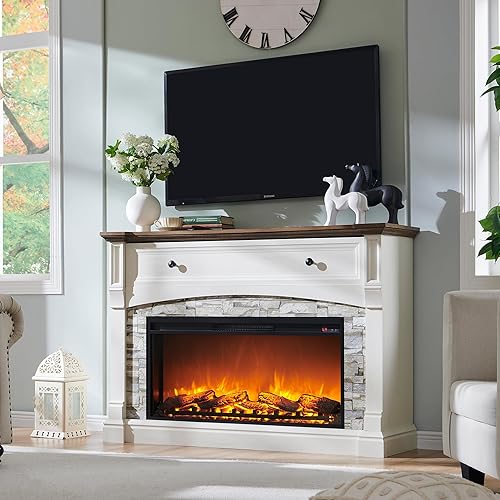 RedLemon 52'' Electric Fireplace with Mantel, Farmhouse Entertainment Center w/36 Electric Fireplace & Sime-Open Cubby for Living Room, Antique White