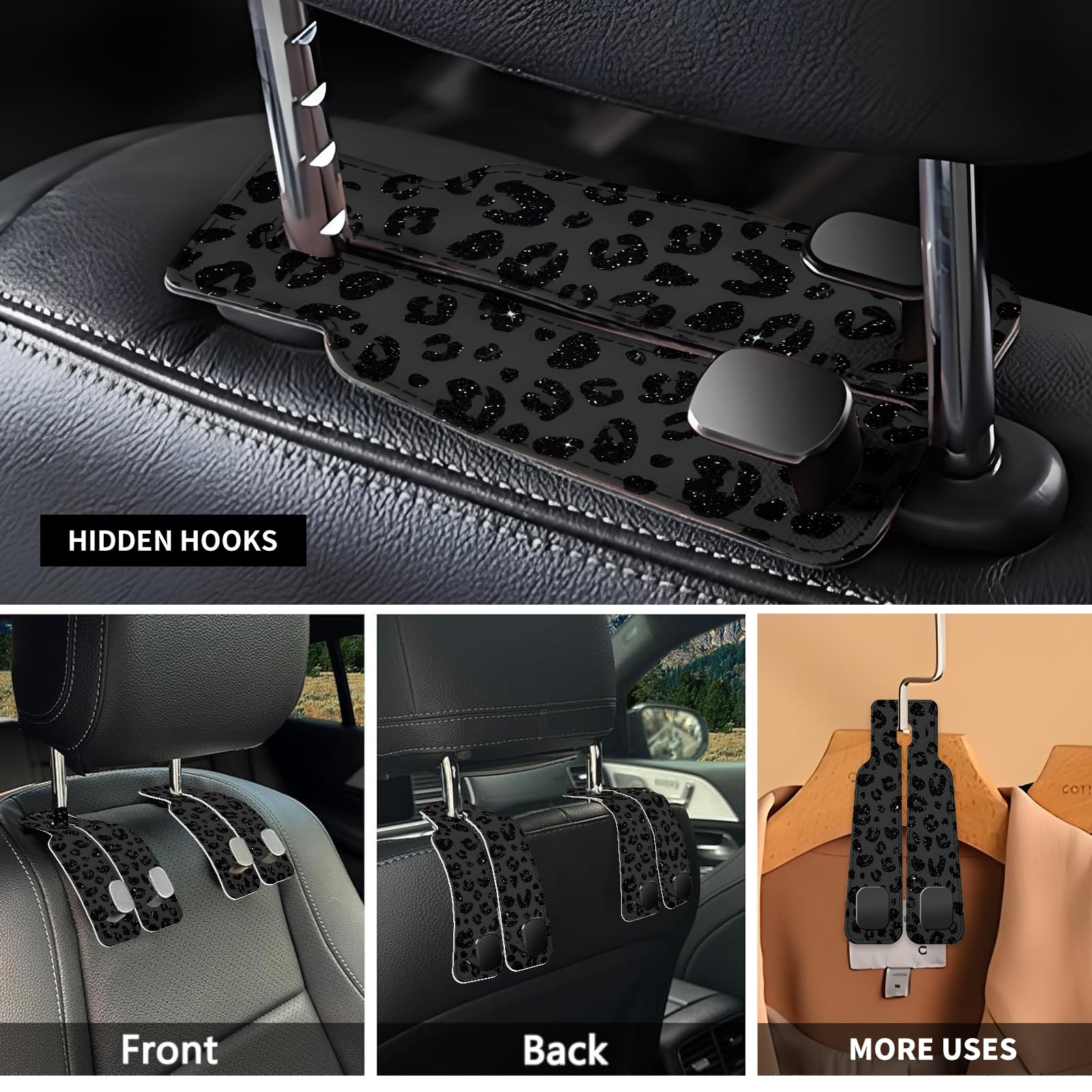 Crochet universel en cuir pour appuie-tête de siège de voiture, organisateur de rangement, accessoires d'intérieur pour sac à main, sac à main, motif léopard noir