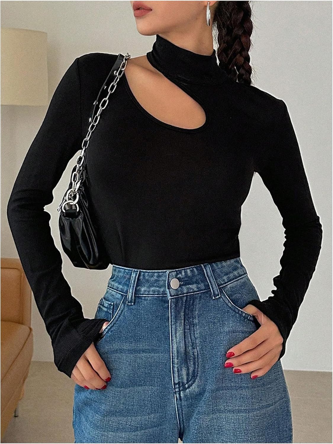 Floerns Women's Cut Out Asymmetrical Long Sleeve T Shirts Mock Neck Ribbed Tee Tops - Image 4