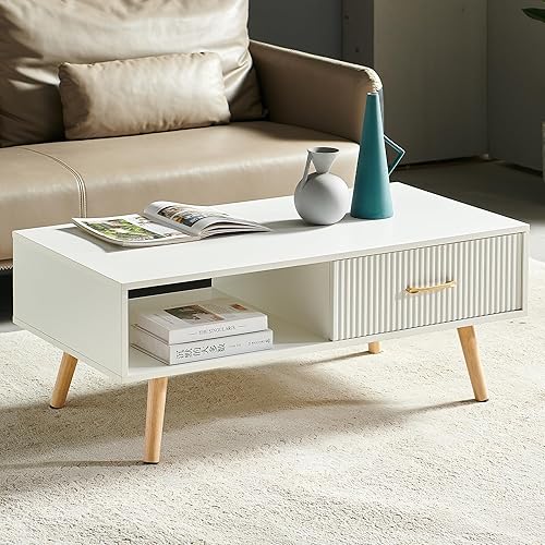 Miniatura 24 de Mesa de centro de madera de 41.3 pulgadas con almacenamiento, mesa de sofá central rectangular moderna con panel de puerta deslizante de ratán de
