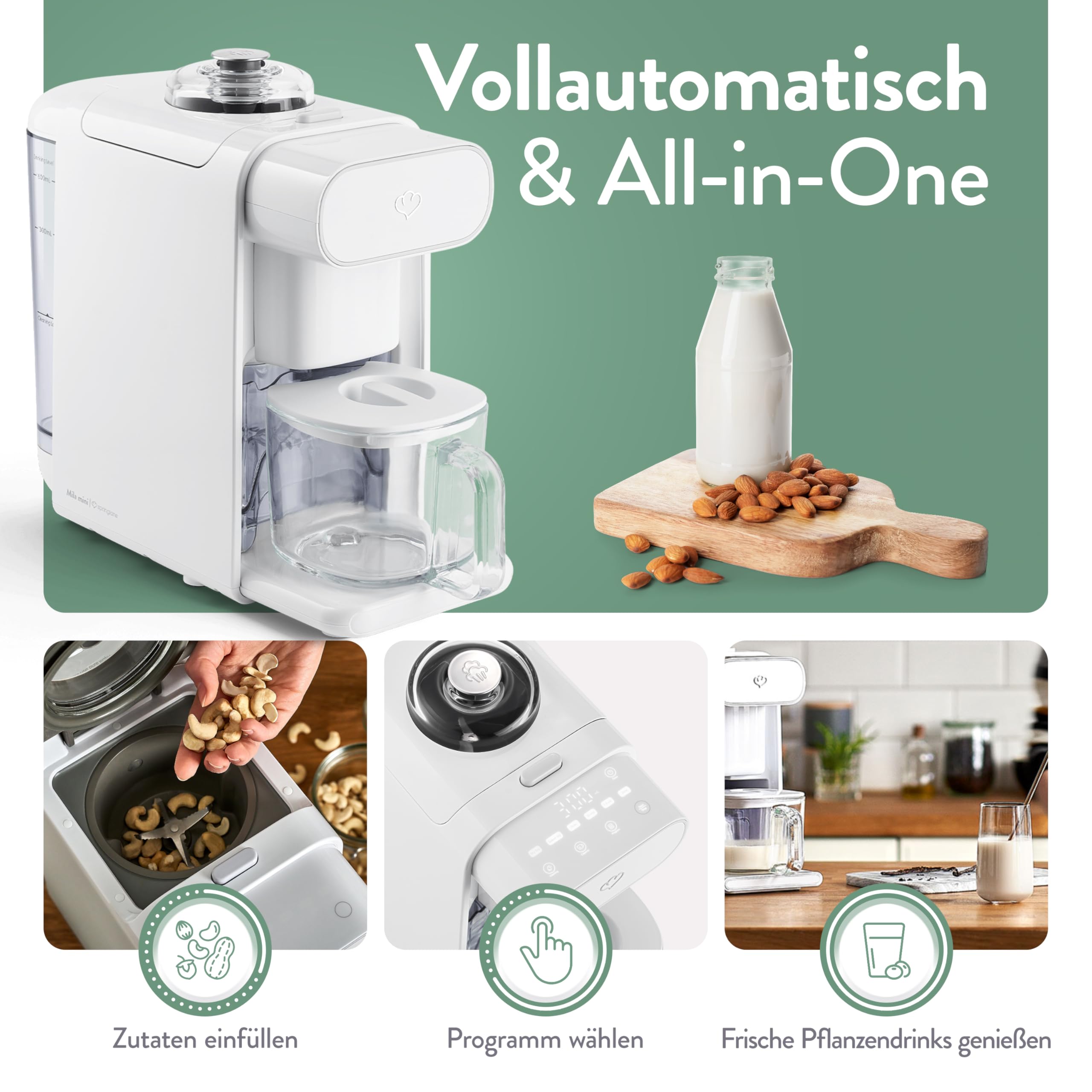 Springlane Pflanzenmilchbereiter Mila 600ml – 6 Programme + automatischer Reinigungsfunktion – LED-Touch-Display inkl. Timer, Kochmixer für Nussmilch, Sojamilch & Haferdrinks inkl. Sieb & Rezeptbuch
