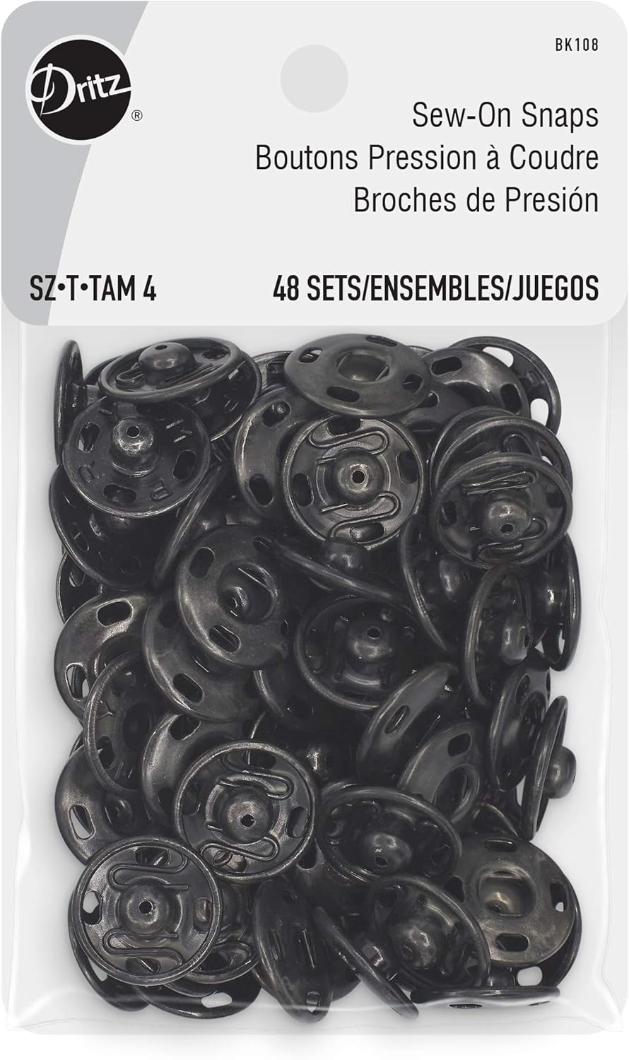 Dritz Sew On Snaps Black 48 Sets Fasteners, Size 4, 48ct