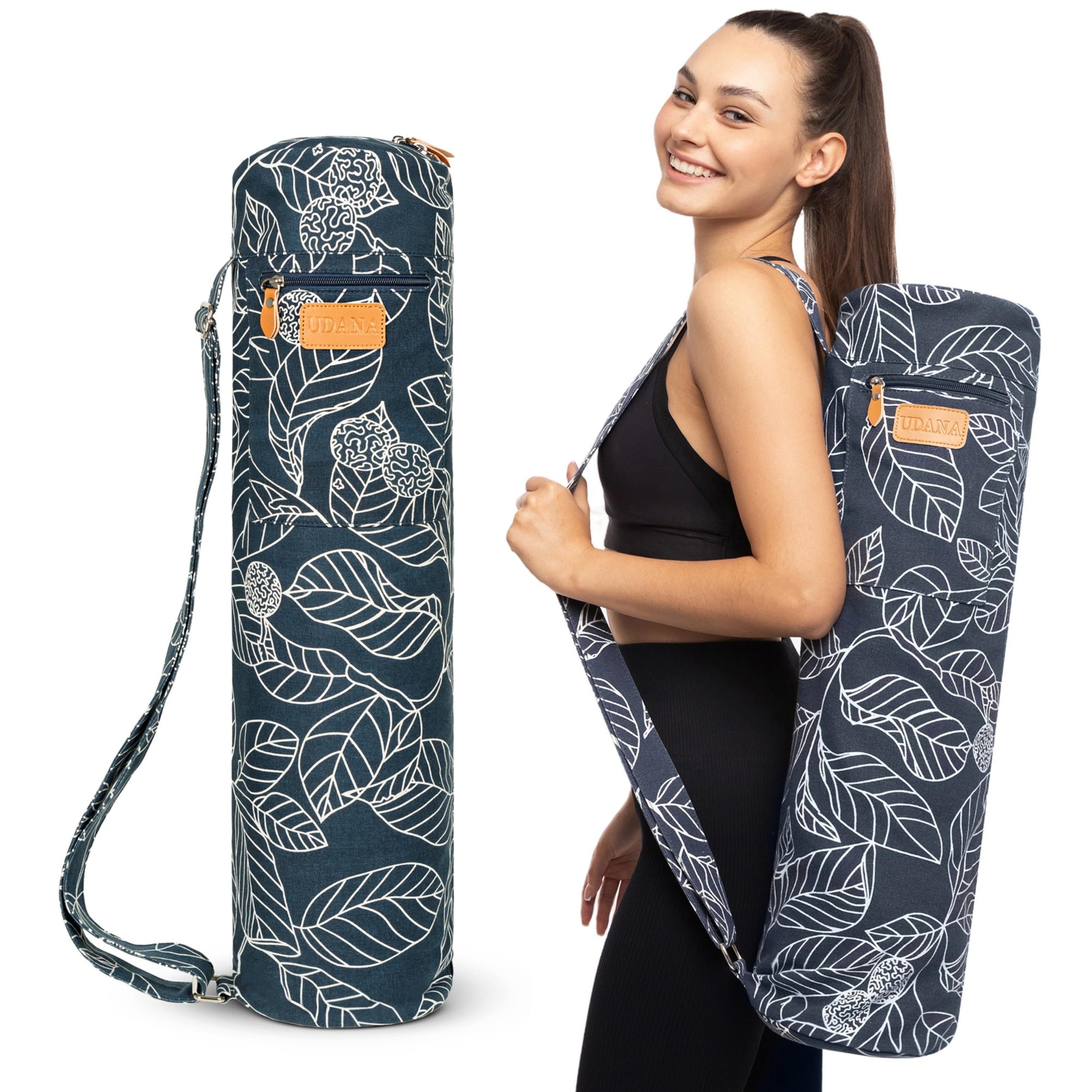 UDANA Large Yoga Mat Bag (18L) – Fits Rolled Mats up to 27" x 6.5" Diameter – Heavy Duty Canvas Carrier for Standard & Thick Mats – 3 Pockets & Full Zip - Navy Blue Leaf