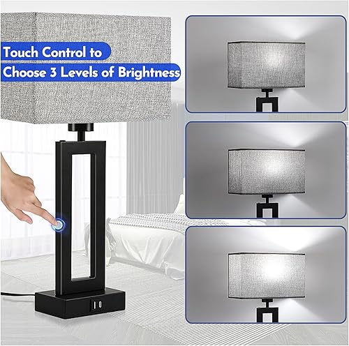 Miniatura 2 de Juego de 2 lámparas de mesita de noche para dormitorios, lámpara de mesa de control táctil, lámpara de noche con USB C+A, 3 vías regulables,