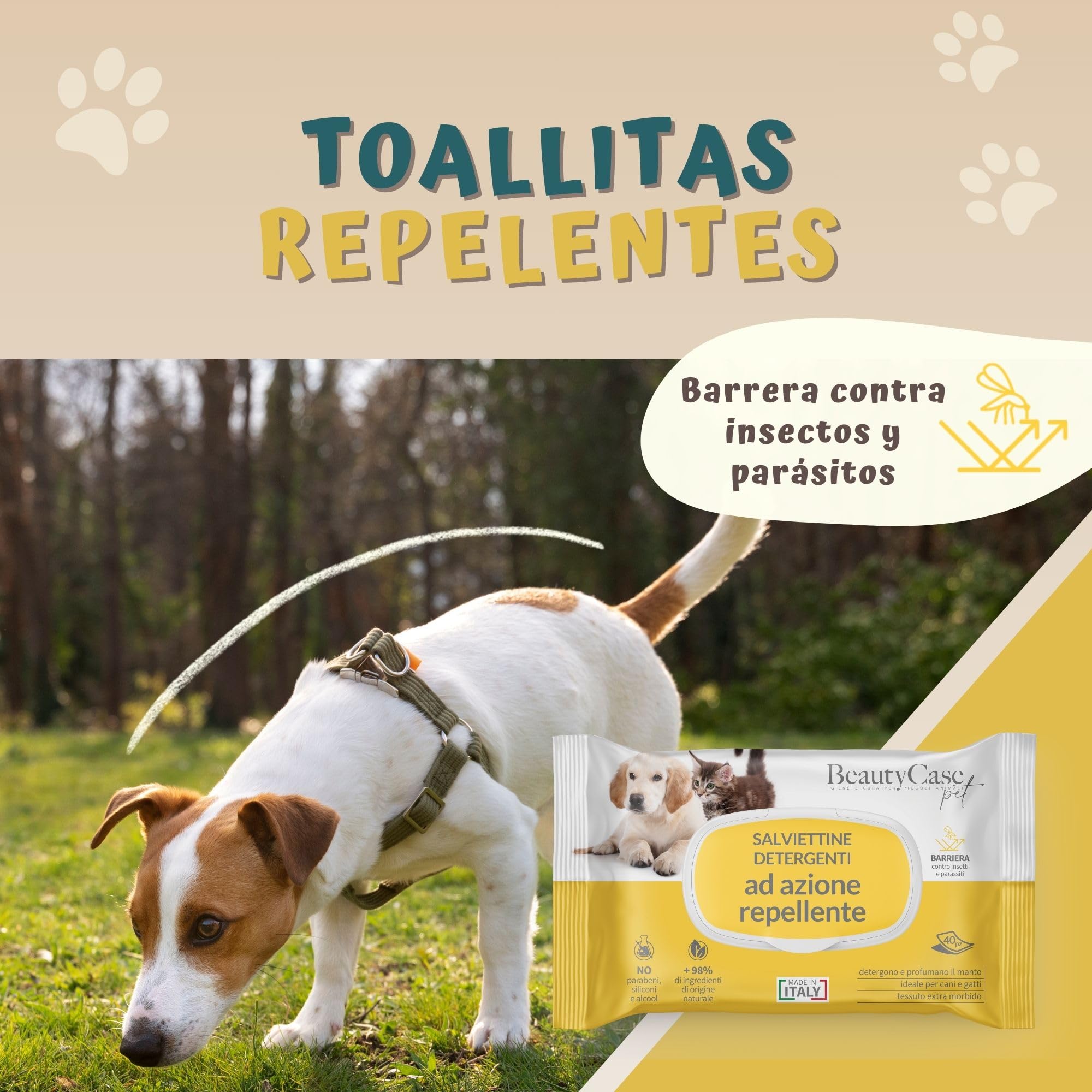Beauty Case Toallitas Repelentes para Mascotas 480 uds (12x40) - Extra Suaves para Perros, Cachorros y Gatos - con Aroma de Geranio y Citronella, Acción Repelente de Insectos