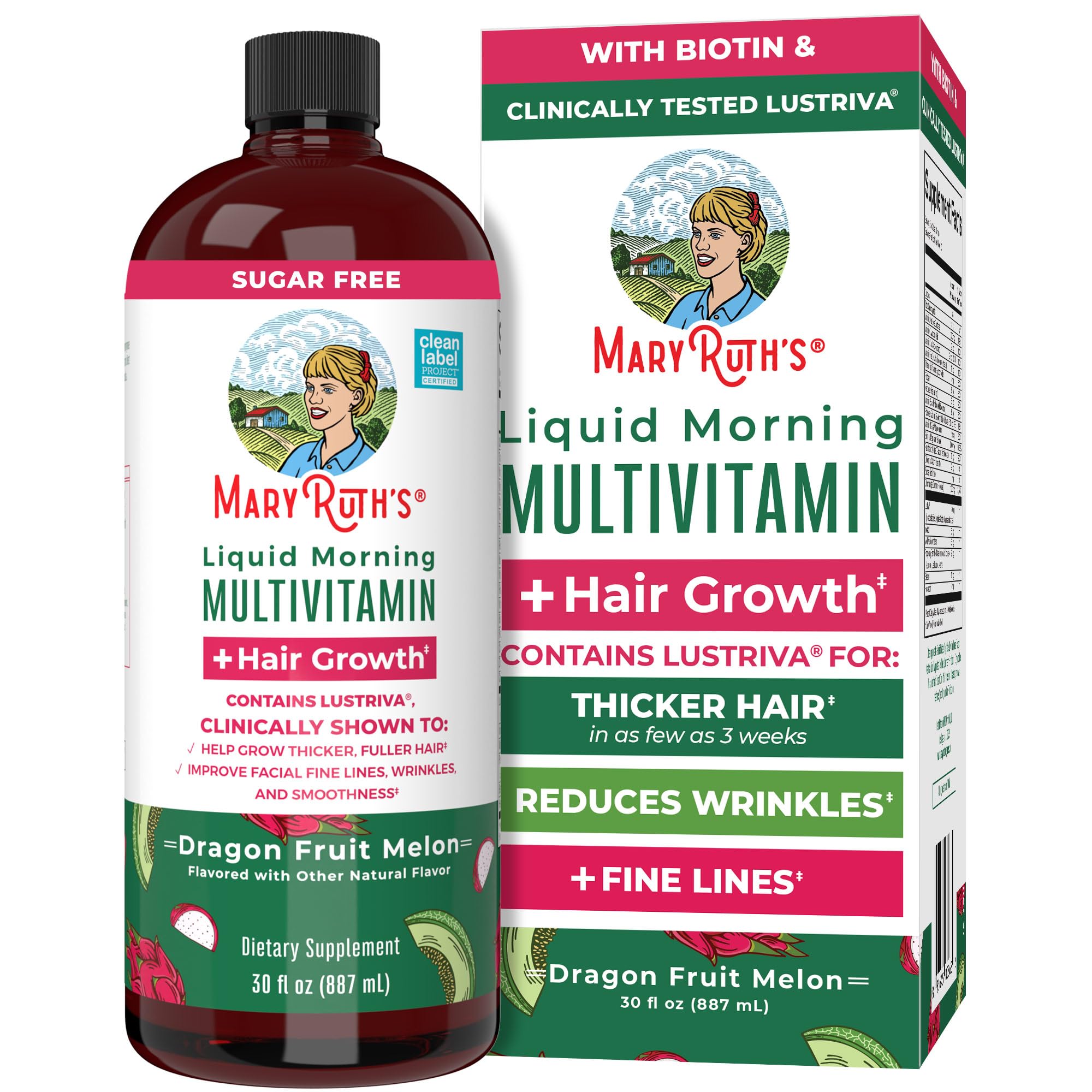 MaryRuth's Liquid Multivitamin+Hair Growth | Clinically Tested for Thicker Hair & Facial Wrinkles in Women | Biotin 10000mcg | Lustriva Hair Growth Supplement | Skin Care | Age 18+ | 30 Fl Oz