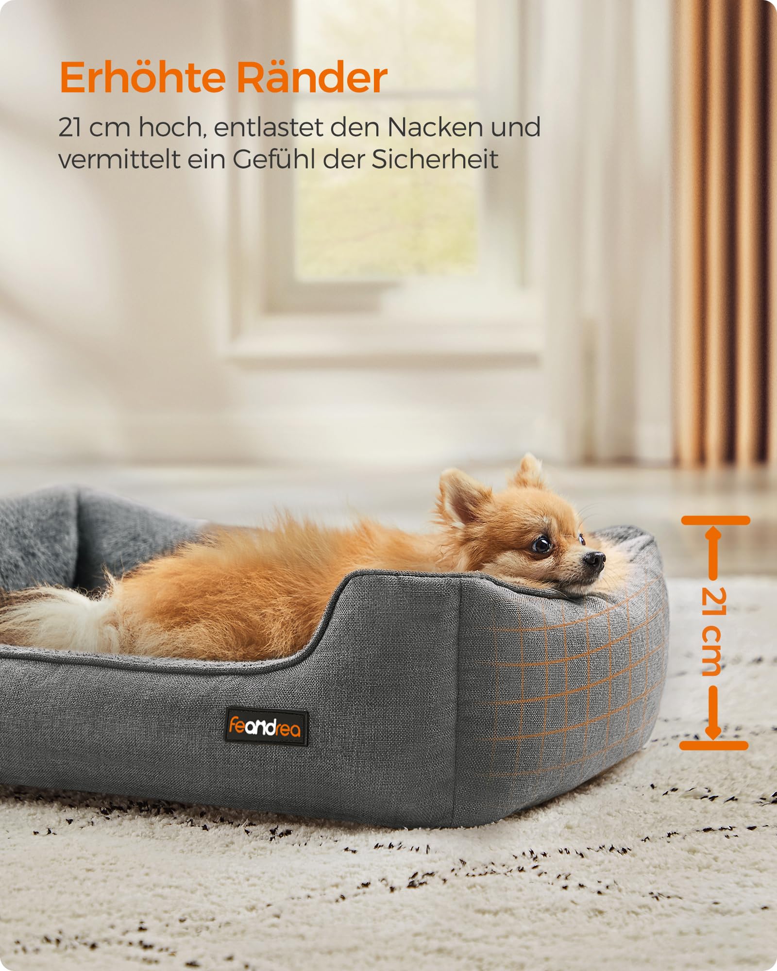 Feandrea Hundebett, Hundekissen in Leinenoptik, Hundekorb, erhöhte Ränder, rutschfeste Unterseite, Bezug abnehmbar waschbar, M, für kleine Hunde, 70 x 55 x 21 cm, hellgrau PGW10GG