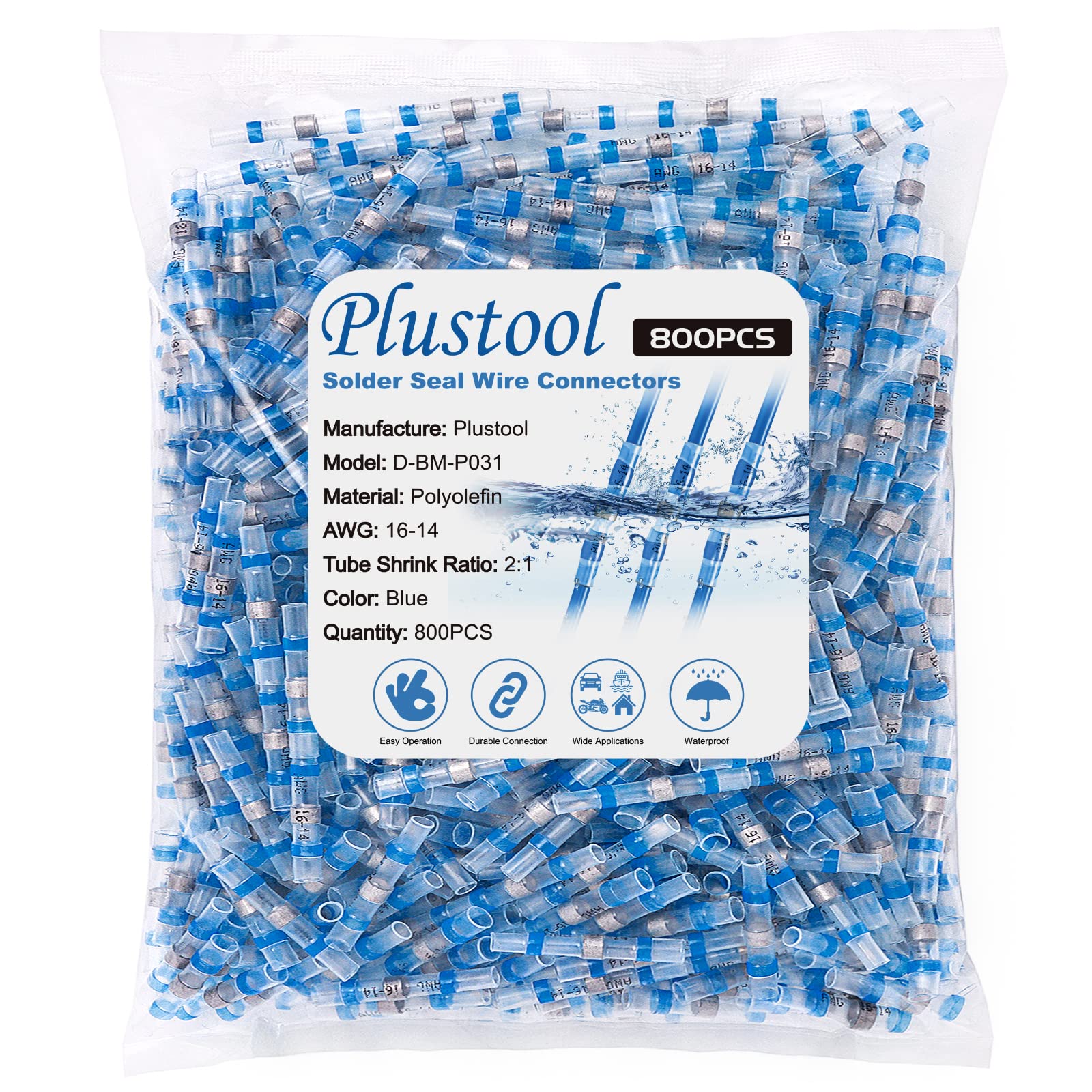 800PCS Blue Solder Seal Wire Connectors AWG16-14, Plustool Solder Seal Heat Shrink Butt Connectors, Marine Grade Waterproof Insulated Electrical Wire Terminals Splice for Automotive Boat Truck Wire