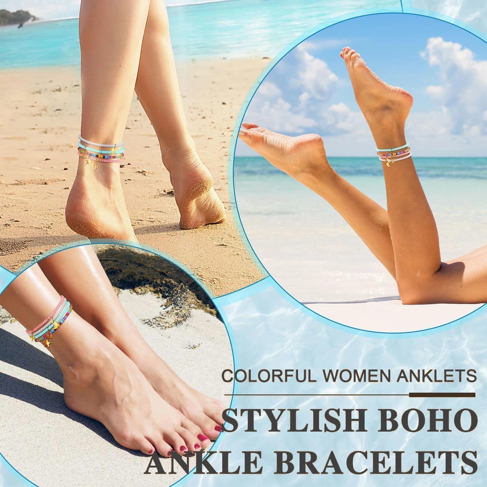Cavigliere da Donna, 4 pezzi Boho per Estate Bracciale Elastico con Perline Colorate Cavigliere Bohémien, per Donne Ragazze Stratificate Caviglieres Impermeabili Gioielli Spiaggia