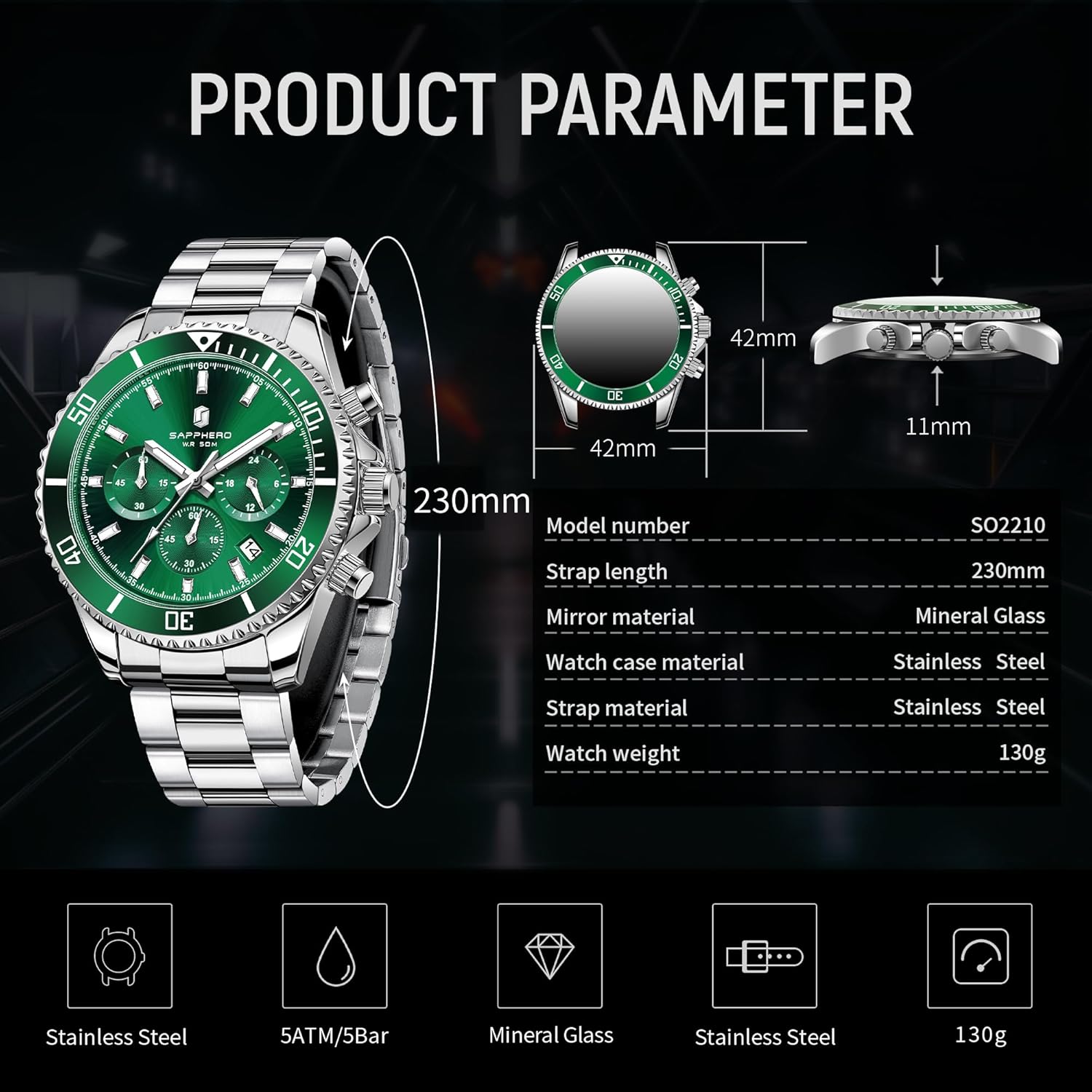SAPPHERO Mens Watches Analog Quartz Chronograph Stainless Steel Watches for Men 50M Waterproof Men's Wrist Watches with Calendar Luxury Business Work Casual Watch Elegant Gifts for Men