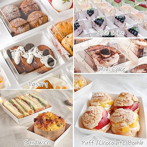 Miniatura 6 de Ocmoiy Paquete de 50 cajas de embutidos de papel con tapas transparentes seguras 5 pulgadas cajas de panadería desechables cuadradas blancas para